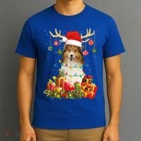 Sheltie Dog Reindeer Santa Hat Christmas Light Xmas Gift T-Shirt thumb 3