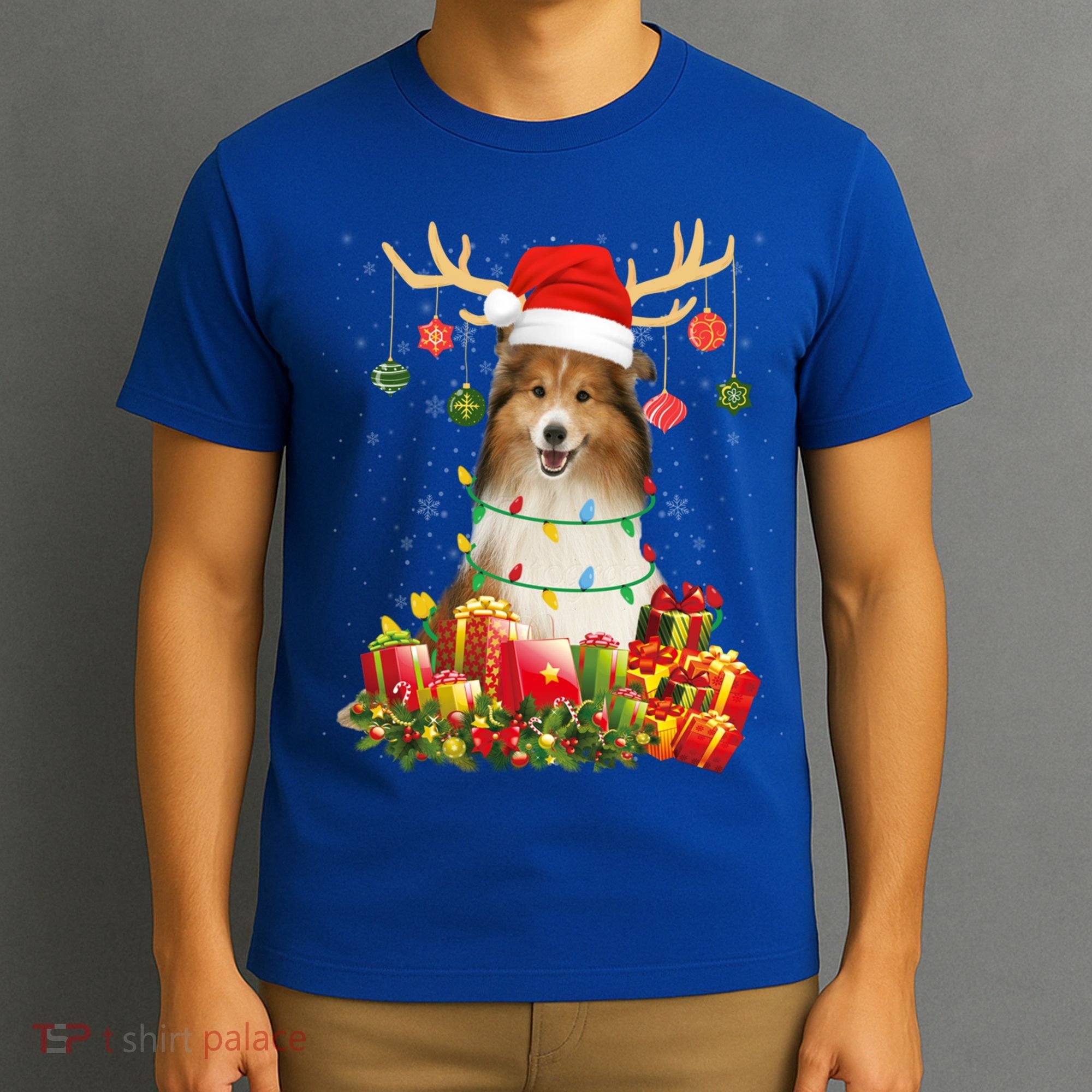 Sheltie Dog Reindeer Santa Hat Christmas Light Xmas Gift T-Shirt