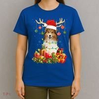Sheltie Dog Reindeer Santa Hat Christmas Light Xmas Gift T-Shirt thumb 4