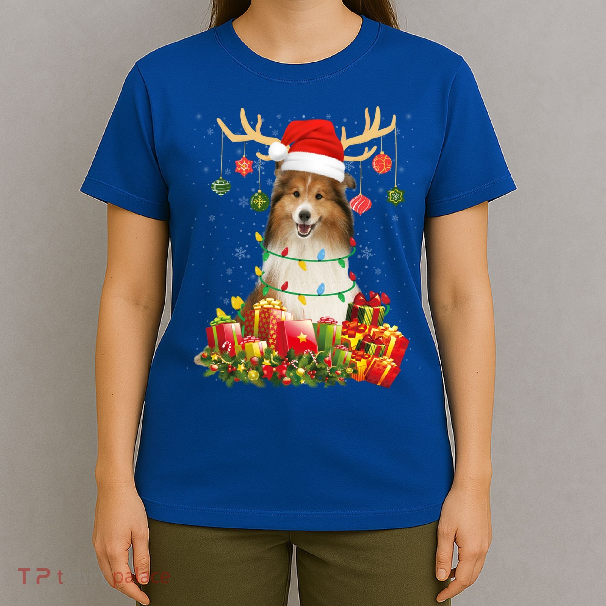 Sheltie Dog Reindeer Santa Hat Christmas Light Xmas Gift T-Shirt