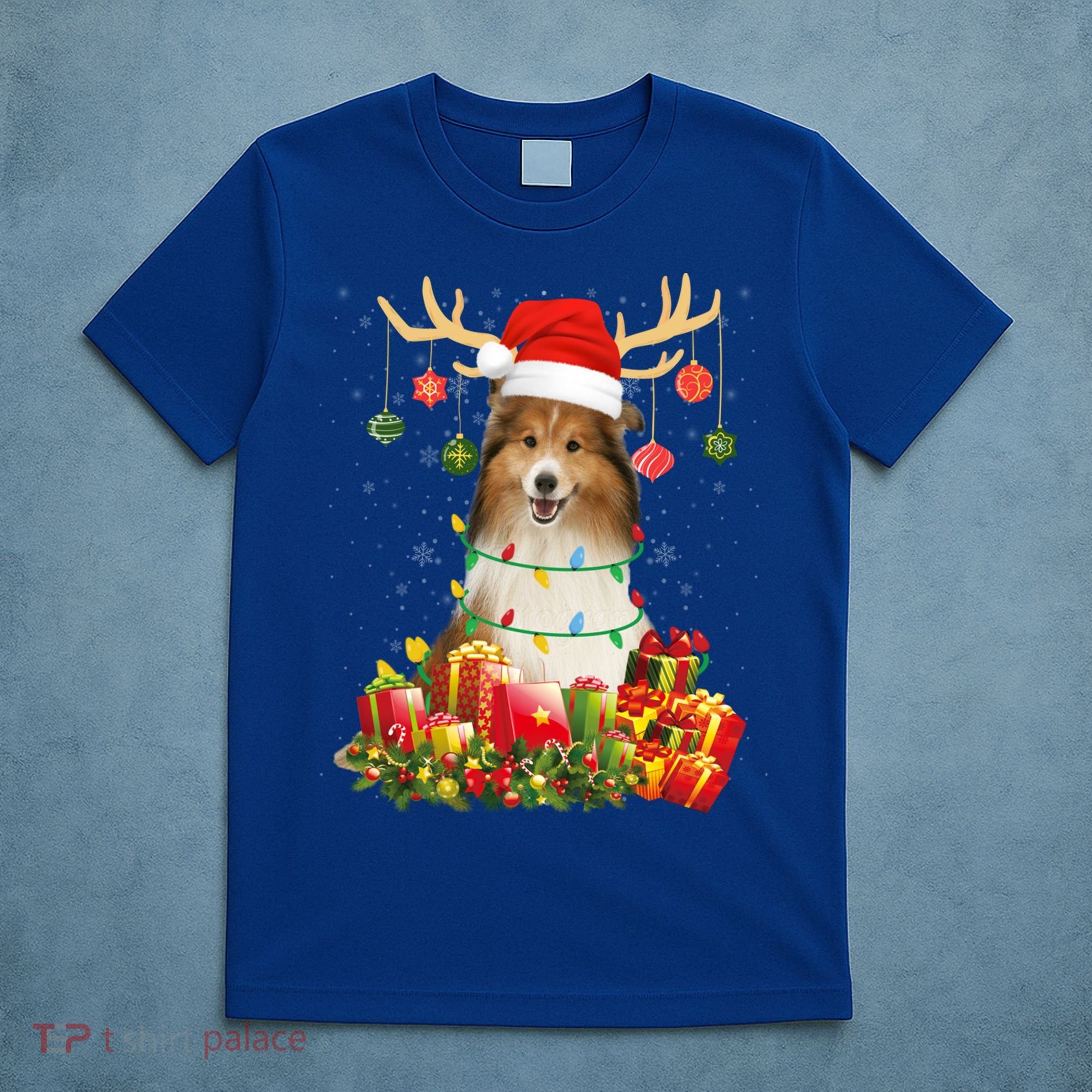 Sheltie Dog Reindeer Santa Hat Christmas Light Xmas Gift T-Shirt