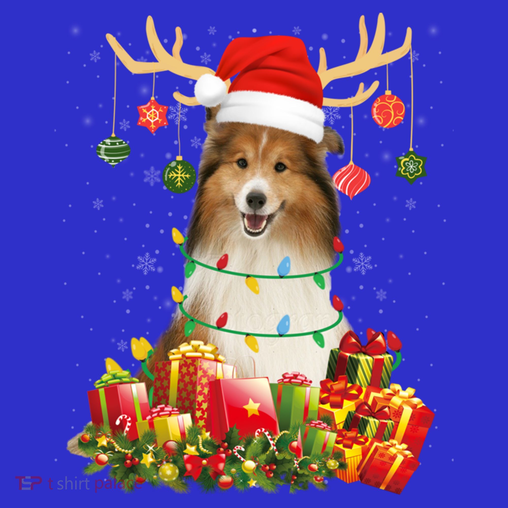 Sheltie Dog Reindeer Santa Hat Christmas Light Xmas Gift T-Shirt