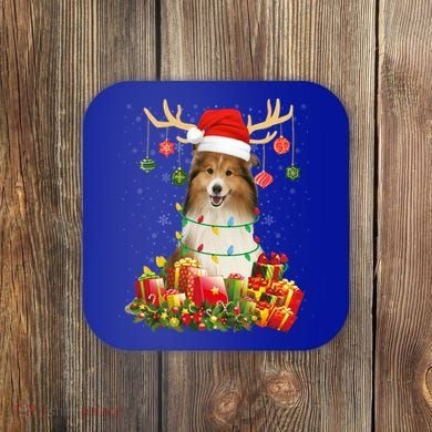 Sheltie Dog Reindeer Santa Hat Christmas Light Xmas Gift Coaster