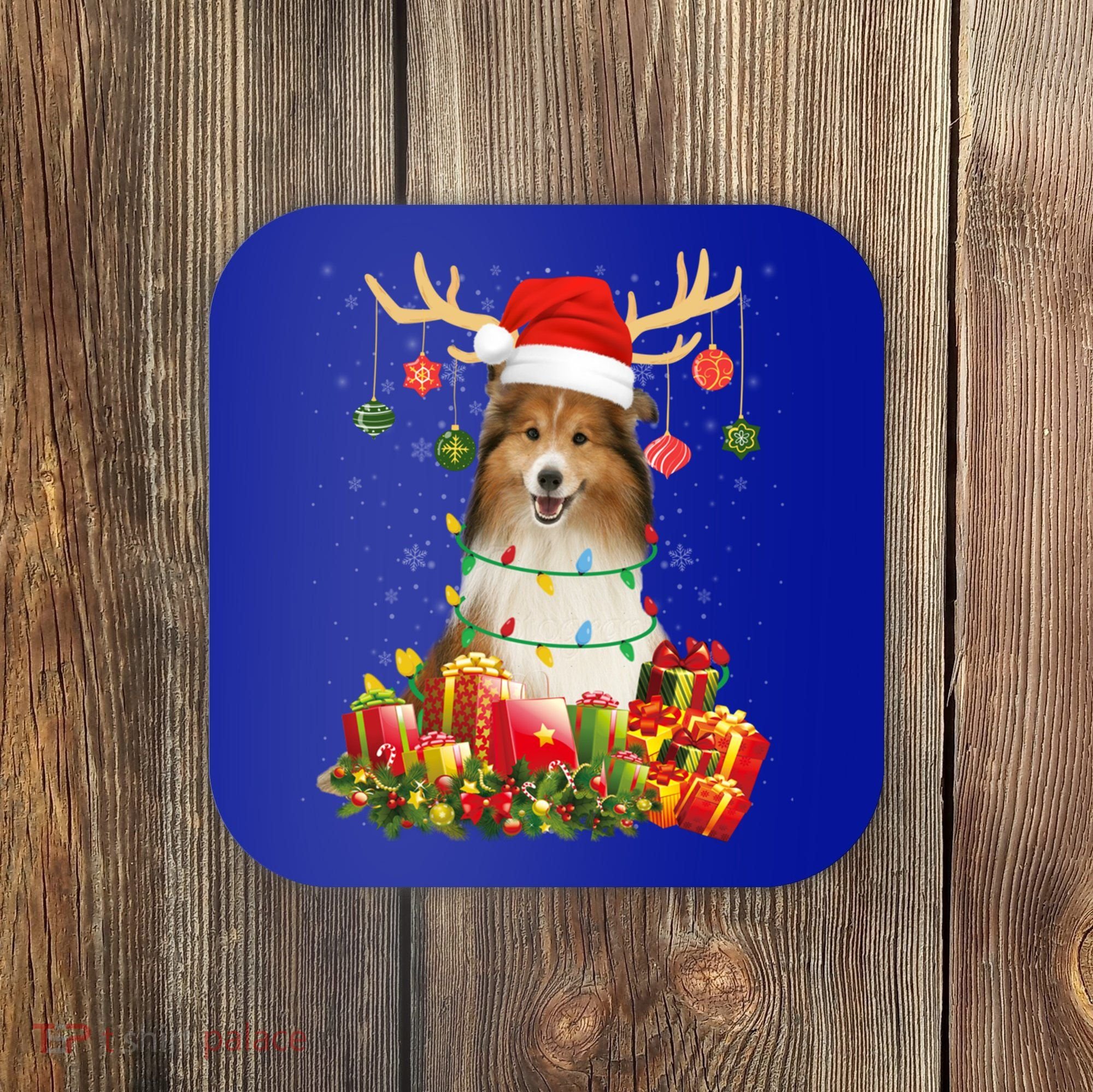 Sheltie Dog Reindeer Santa Hat Christmas Light Xmas Gift Coaster