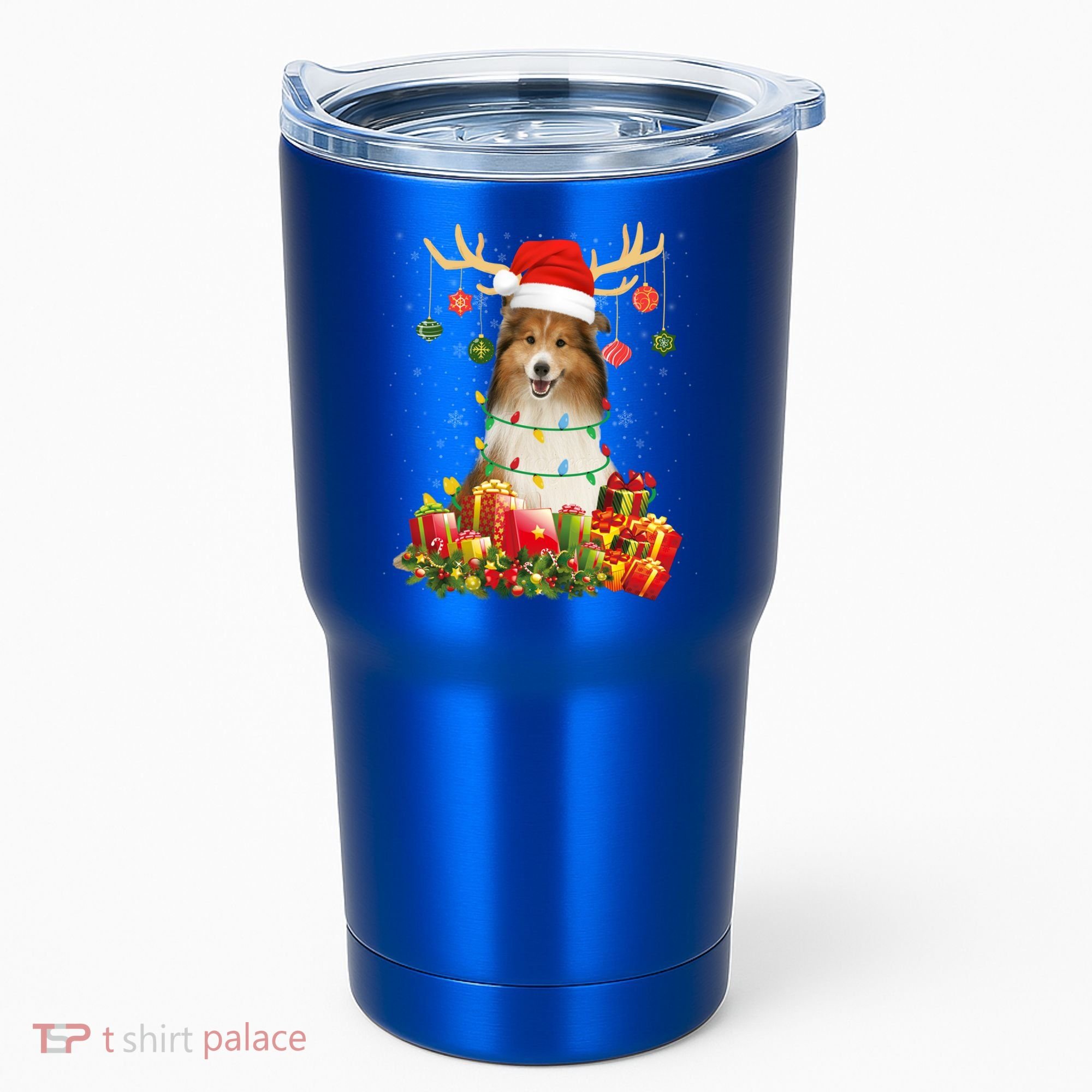 Sheltie Dog Reindeer Santa Hat Christmas Light Xmas Gift Tumbler