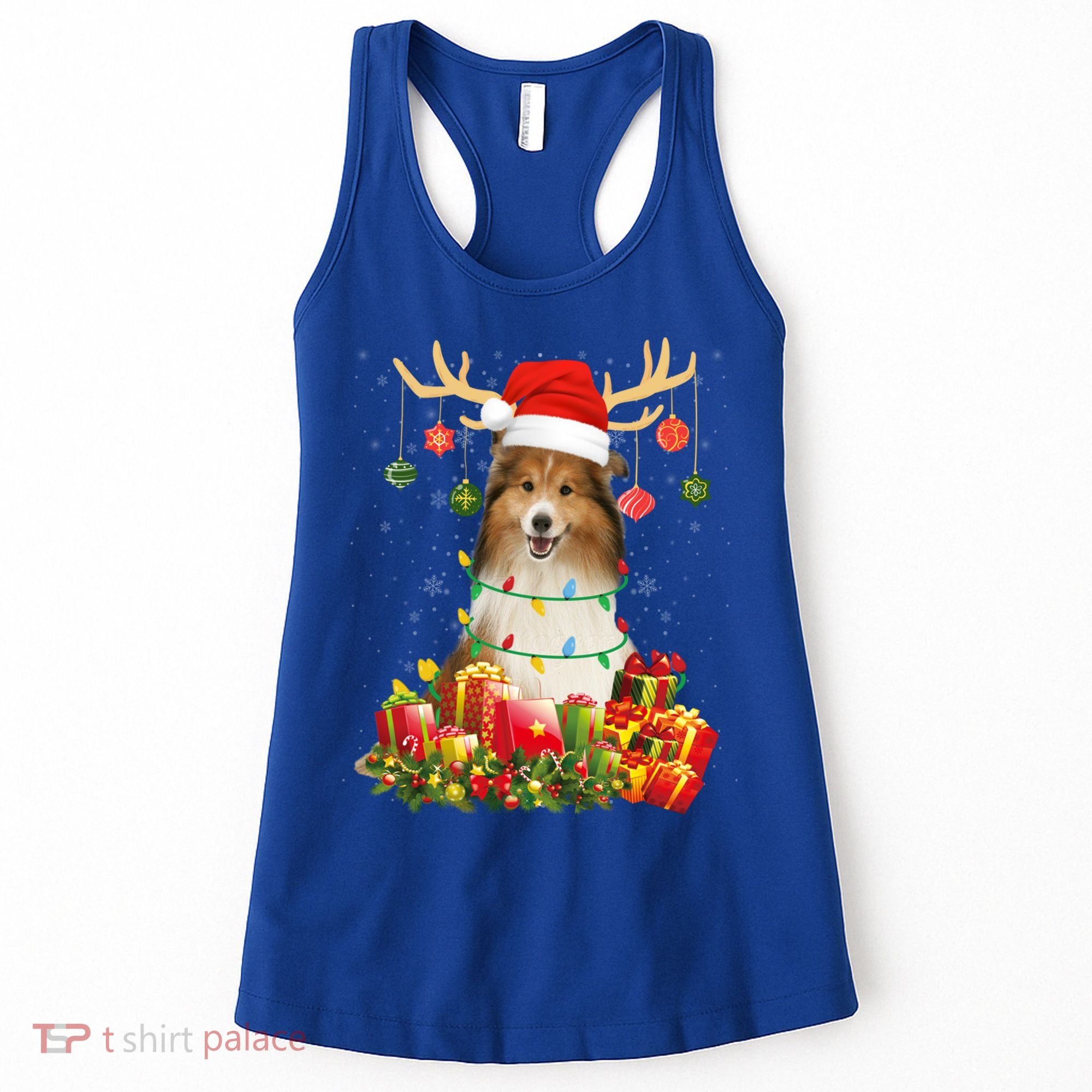 Sheltie Dog Reindeer Santa Hat Christmas Light Xmas Gift Women's Tank Top