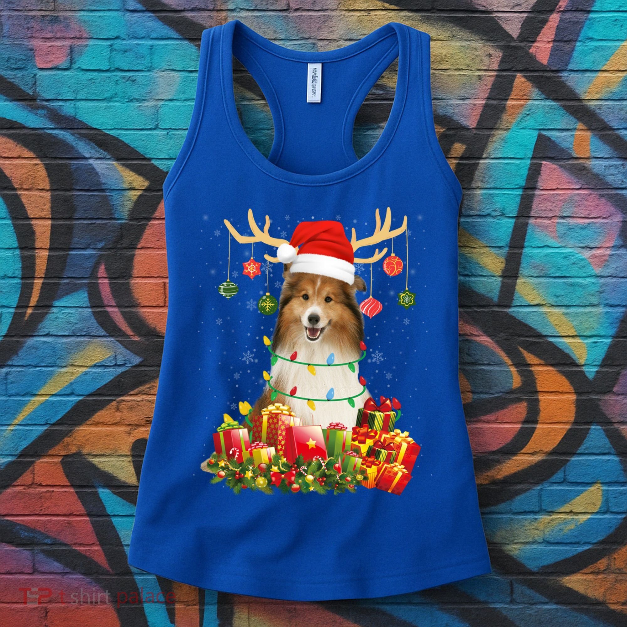 Sheltie Dog Reindeer Santa Hat Christmas Light Xmas Gift Women's Tank Top