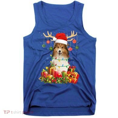 Sheltie Dog Reindeer Santa Hat Christmas Light Xmas Gift Tank Top