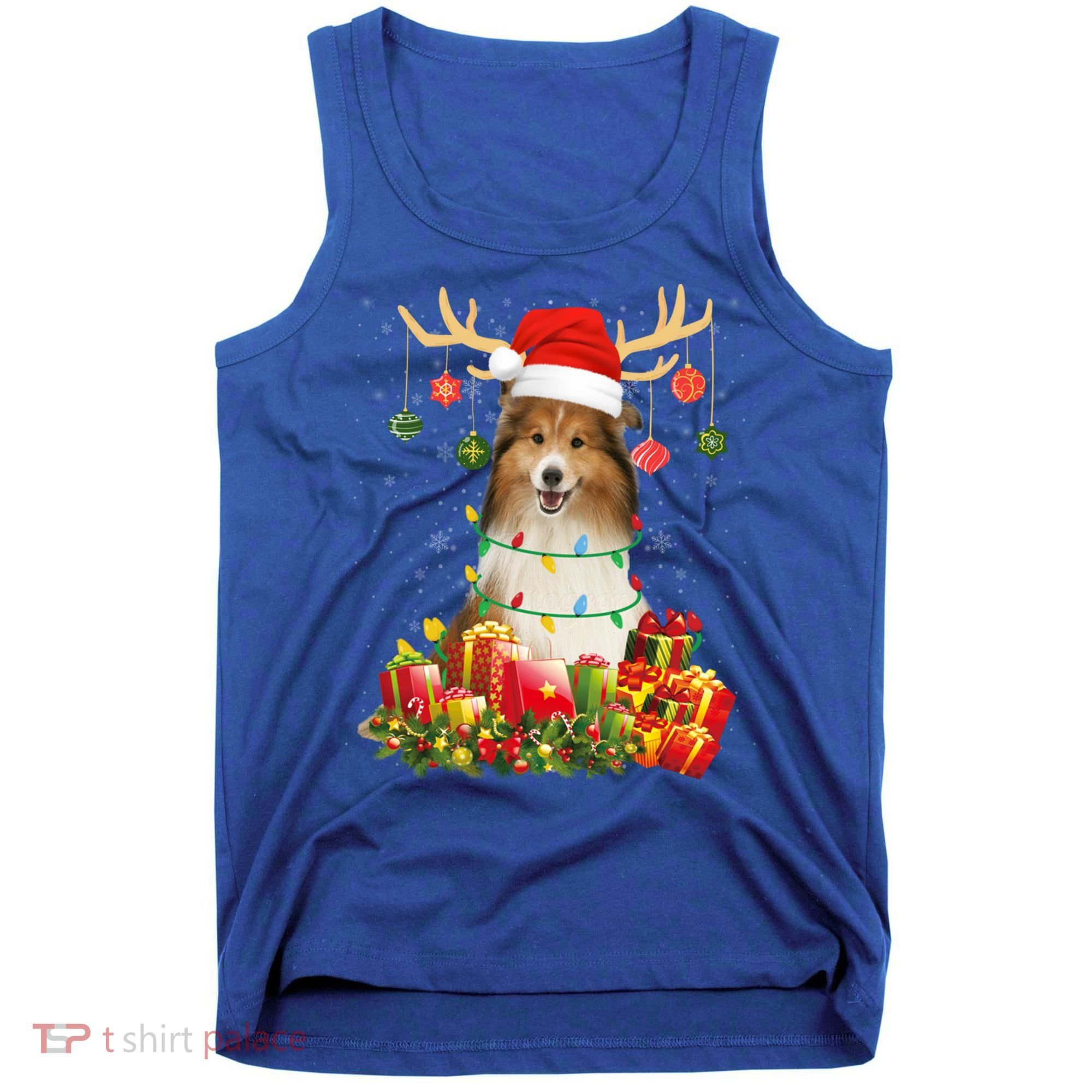Sheltie Dog Reindeer Santa Hat Christmas Light Xmas Gift Tank Top