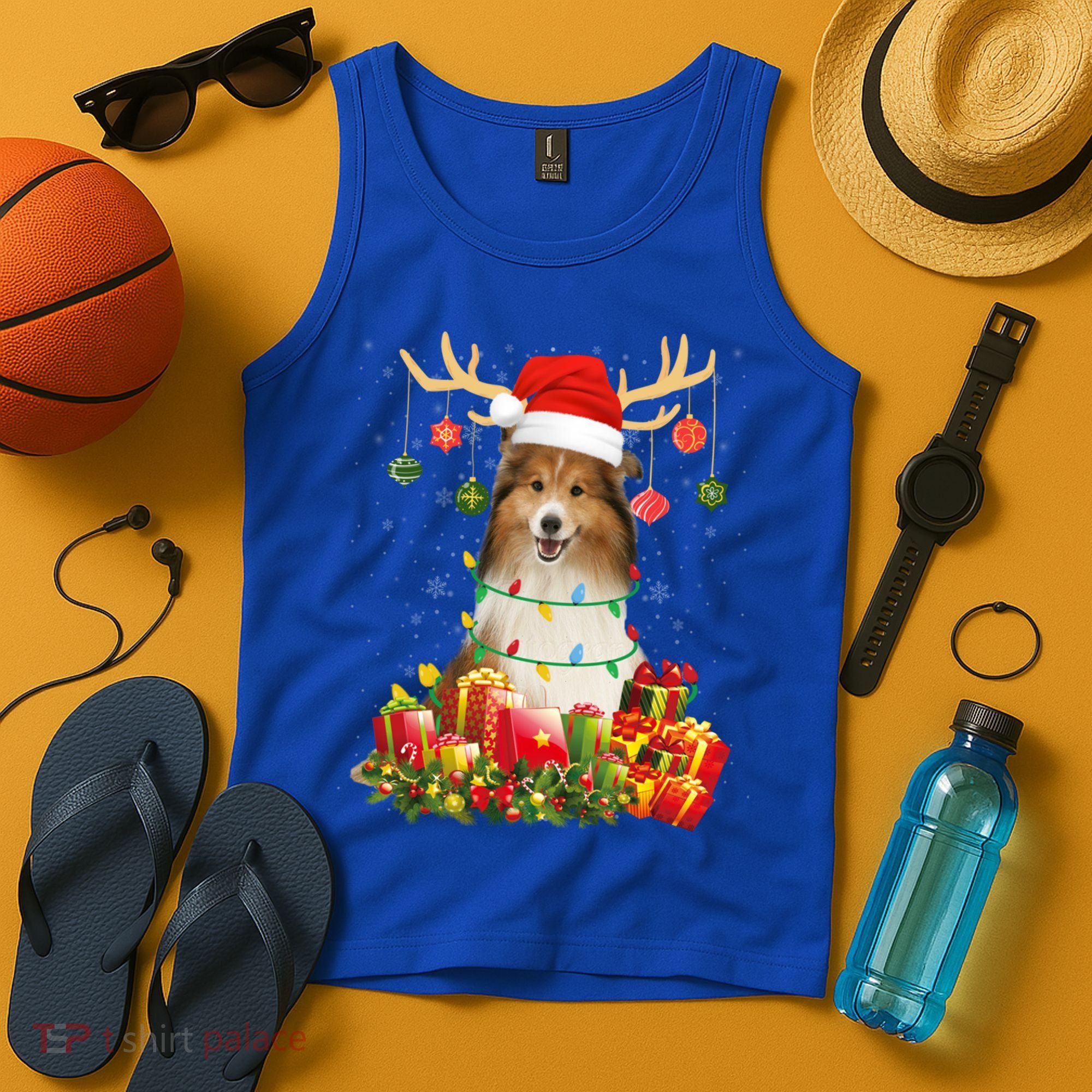 Sheltie Dog Reindeer Santa Hat Christmas Light Xmas Gift Tank Top