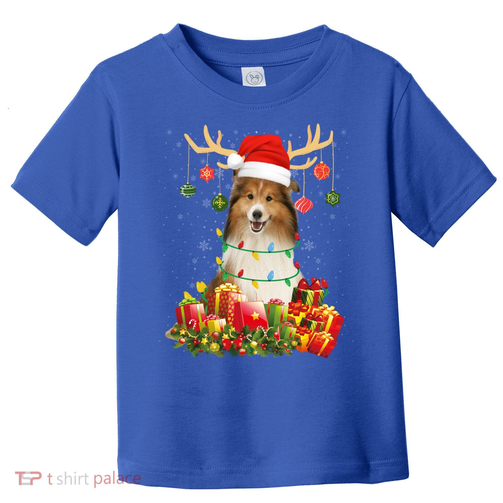 Sheltie Dog Reindeer Santa Hat Christmas Light Xmas Gift Toddler T-Shirt