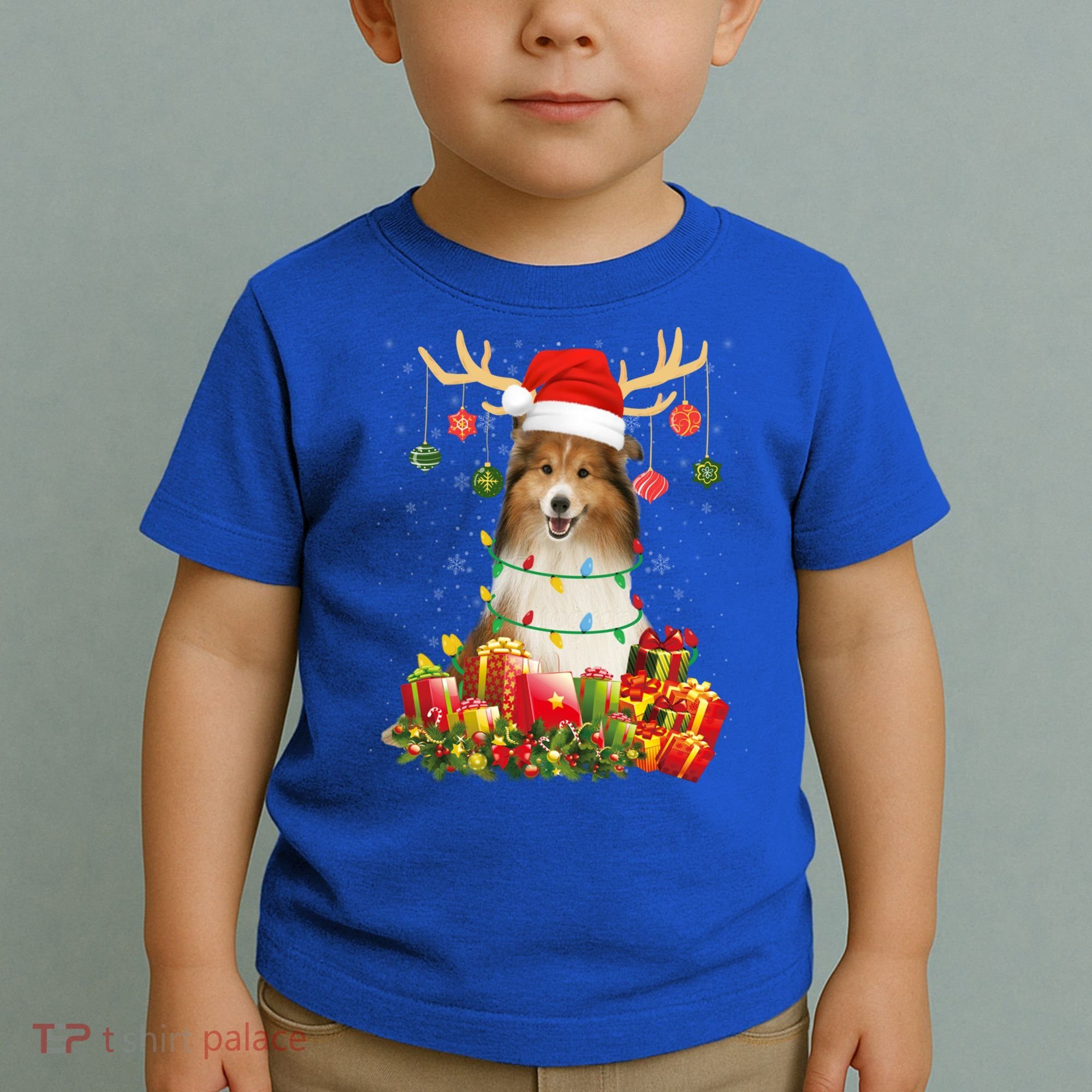 Sheltie Dog Reindeer Santa Hat Christmas Light Xmas Gift Toddler T-Shirt