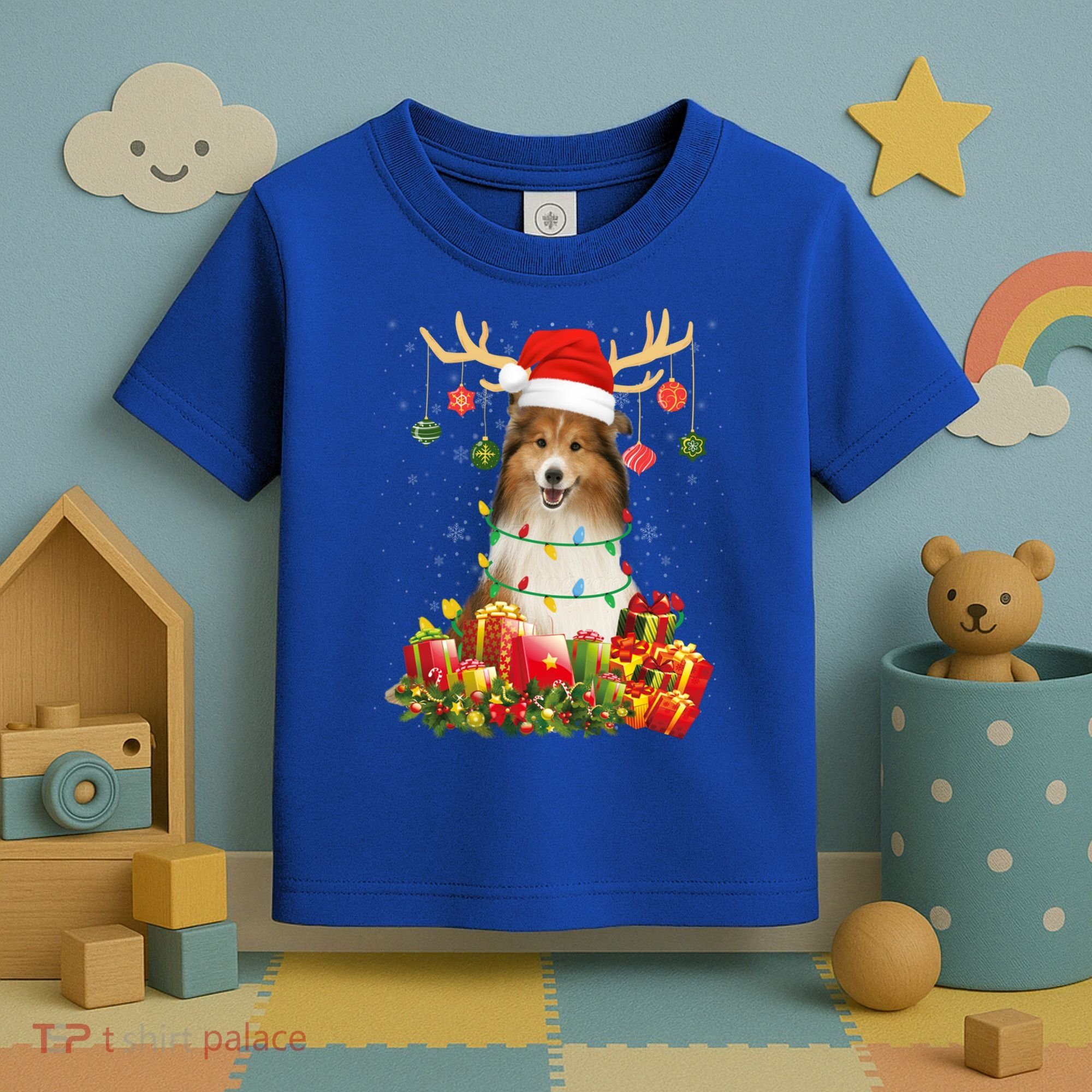 Sheltie Dog Reindeer Santa Hat Christmas Light Xmas Gift Toddler T-Shirt