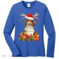 Sheltie Dog Reindeer Santa Hat Christmas Light Xmas Gift Women's Long Sleeve Shirt thumb 0