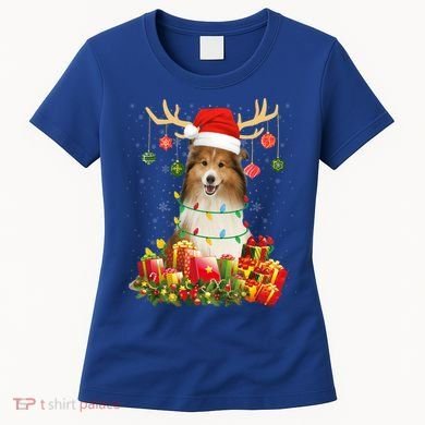 Sheltie Dog Reindeer Santa Hat Christmas Light Xmas Gift Women's T-Shirt