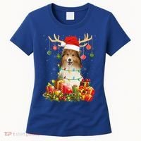 Sheltie Dog Reindeer Santa Hat Christmas Light Xmas Gift Women's T-Shirt thumb 0