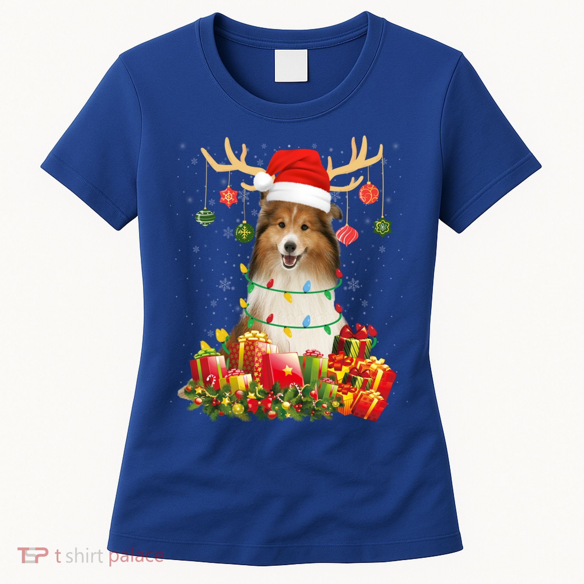 Sheltie Dog Reindeer Santa Hat Christmas Light Xmas Gift Women's T-Shirt