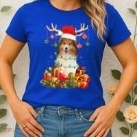 Sheltie Dog Reindeer Santa Hat Christmas Light Xmas Gift Women's T-Shirt thumb 2