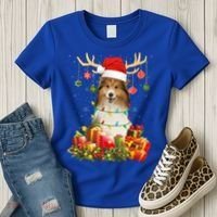 Sheltie Dog Reindeer Santa Hat Christmas Light Xmas Gift Women's T-Shirt thumb 3