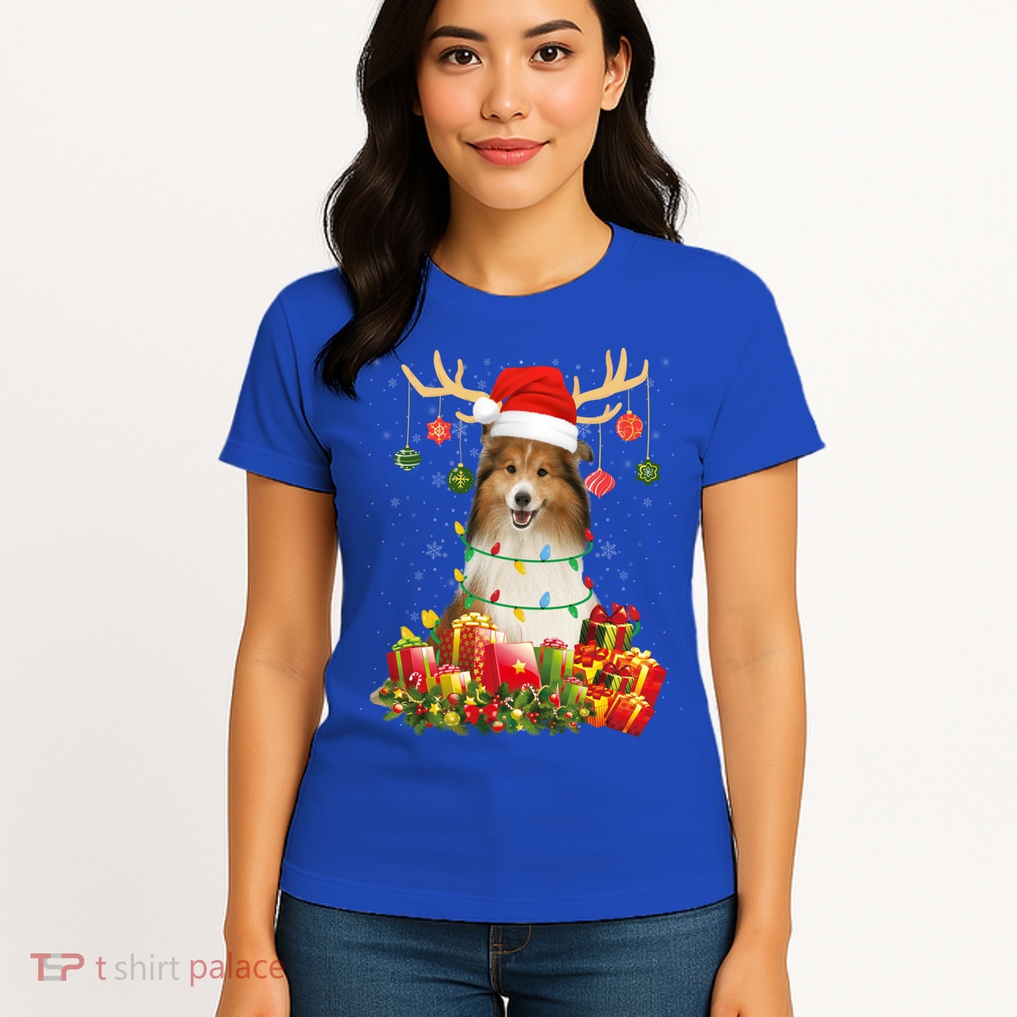 Sheltie Dog Reindeer Santa Hat Christmas Light Xmas Gift Women's T-Shirt