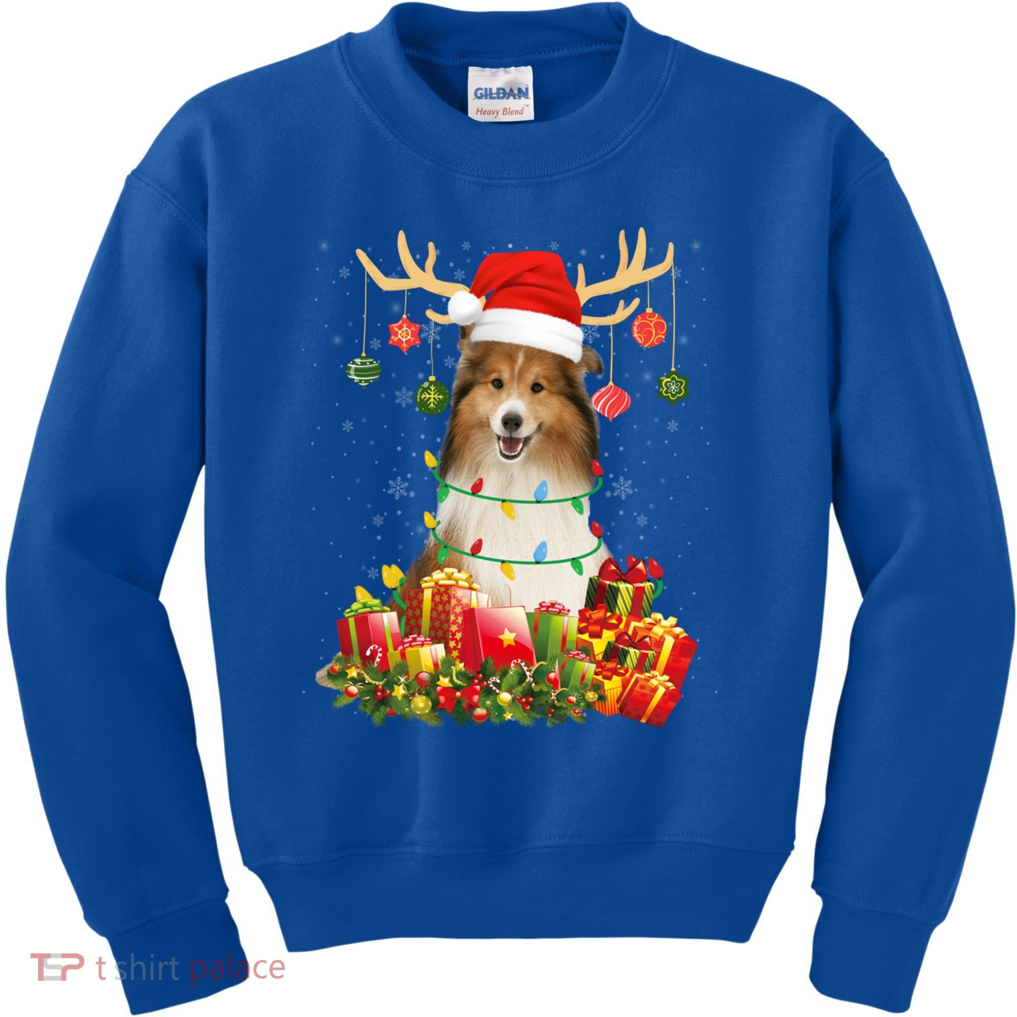 Sheltie Dog Reindeer Santa Hat Christmas Light Xmas Gift Kids Sweatshirt