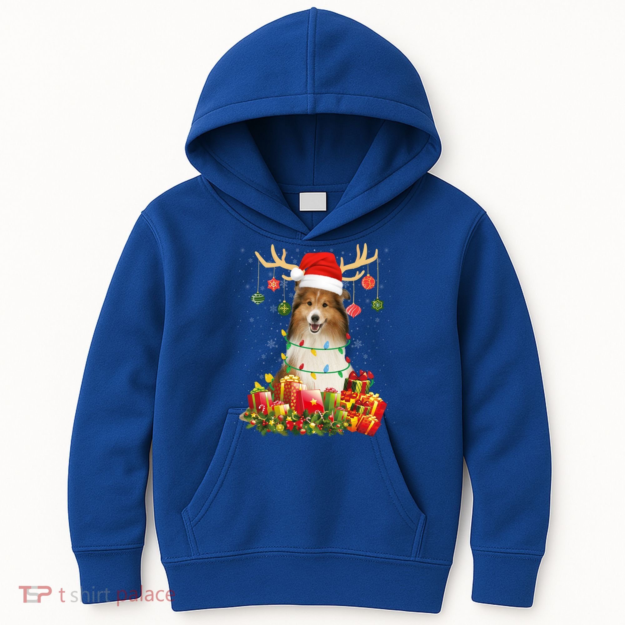 Sheltie Dog Reindeer Santa Hat Christmas Light Xmas Gift Kids Hoodie