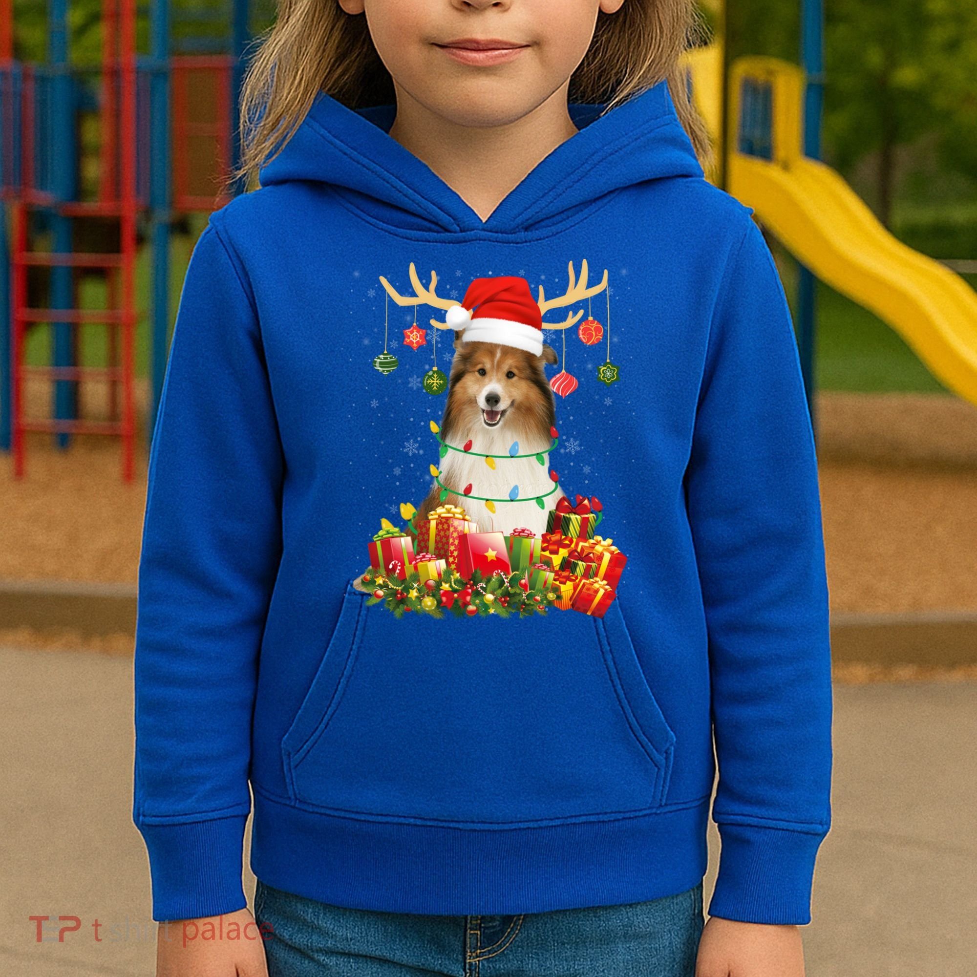 Sheltie Dog Reindeer Santa Hat Christmas Light Xmas Gift Kids Hoodie