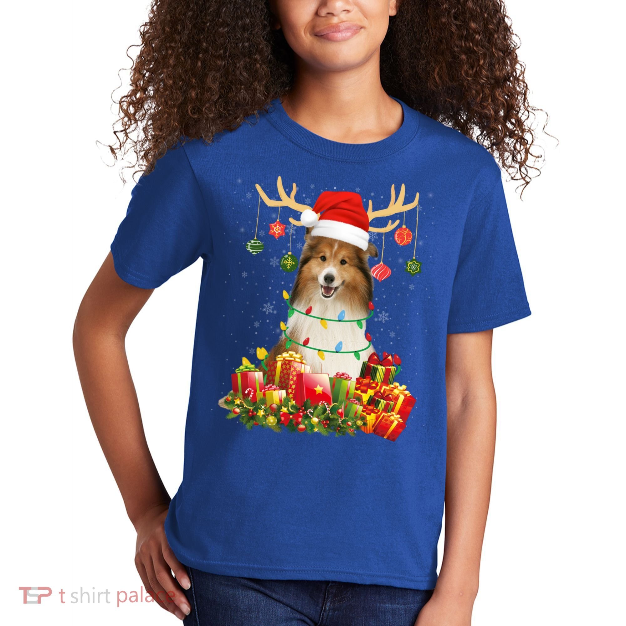 Sheltie Dog Reindeer Santa Hat Christmas Light Xmas Gift Kids T-Shirt
