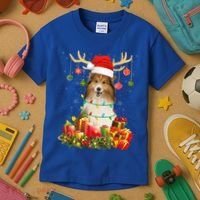Sheltie Dog Reindeer Santa Hat Christmas Light Xmas Gift Kids T-Shirt thumb 3