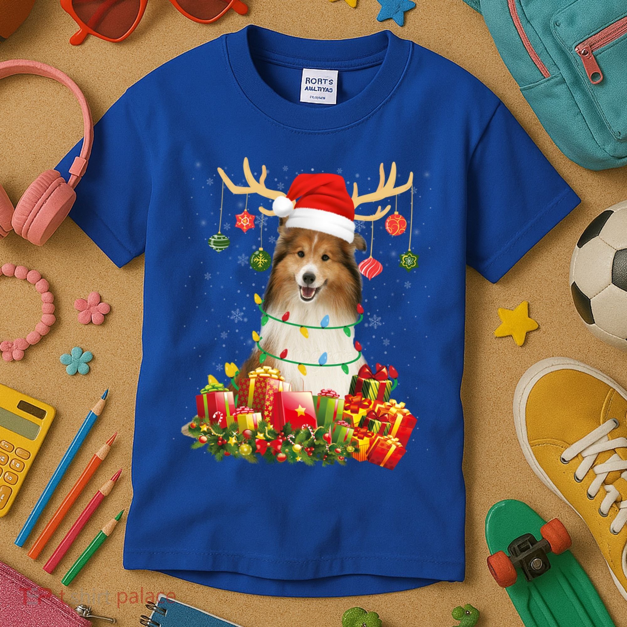 Sheltie Dog Reindeer Santa Hat Christmas Light Xmas Gift Kids T-Shirt
