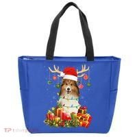 Sheltie Dog Reindeer Santa Hat Christmas Light Xmas Gift Tote Bag thumb 0