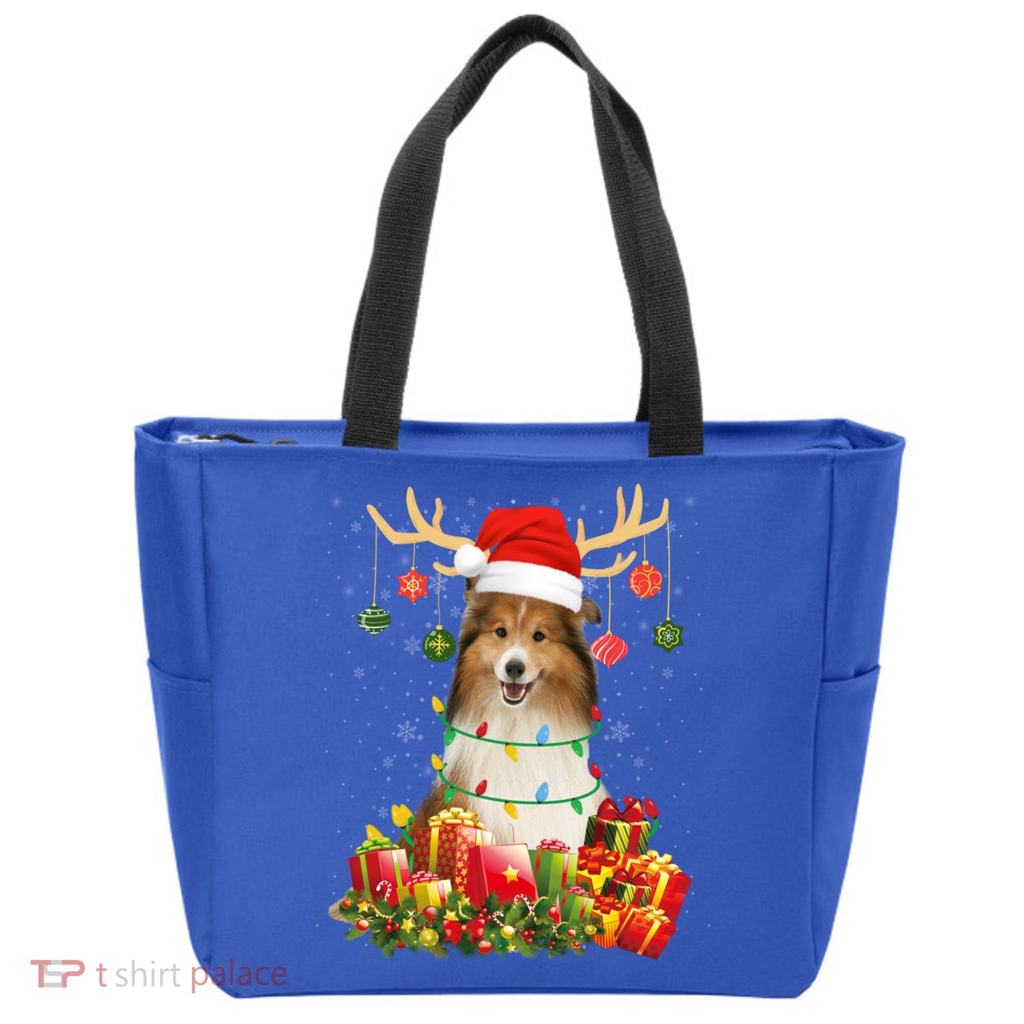 Sheltie Dog Reindeer Santa Hat Christmas Light Xmas Gift Tote Bag