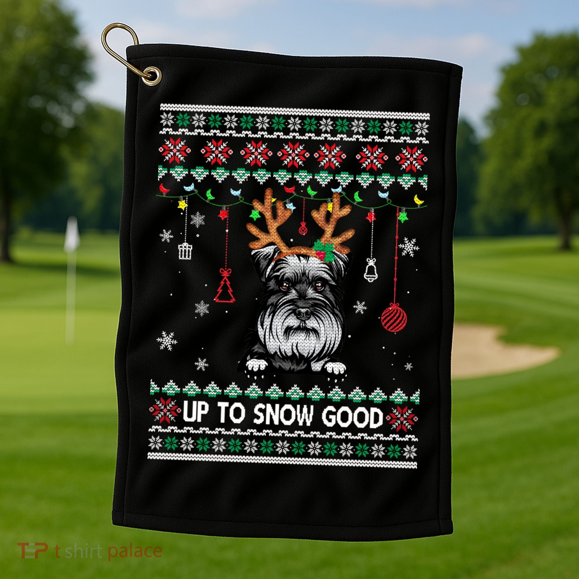 Schnauzer Dog Reindeer Ugly Christmas Xmas Gift Golf Towel
