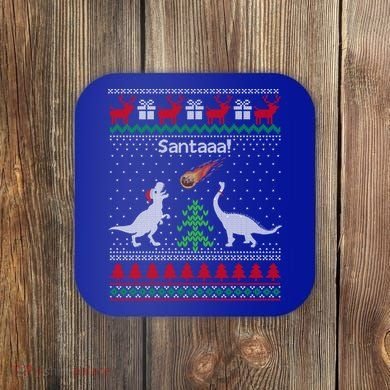 Santa Dinosaur Sweater Ugly Christmas Sweater Dinosaur Gift Coaster