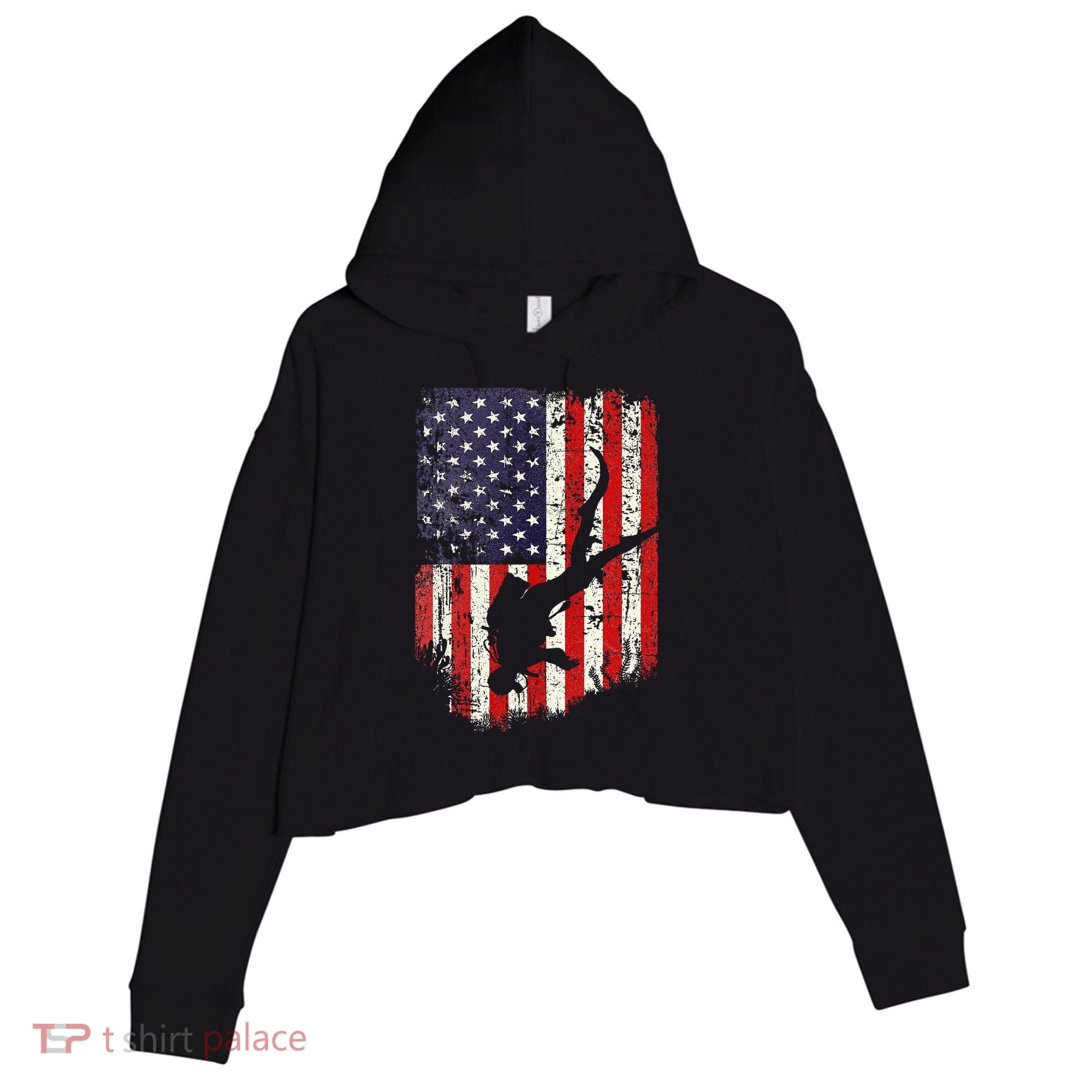 Scuba Diver Scuba Diving American Flag Crop Fleece Hoodie