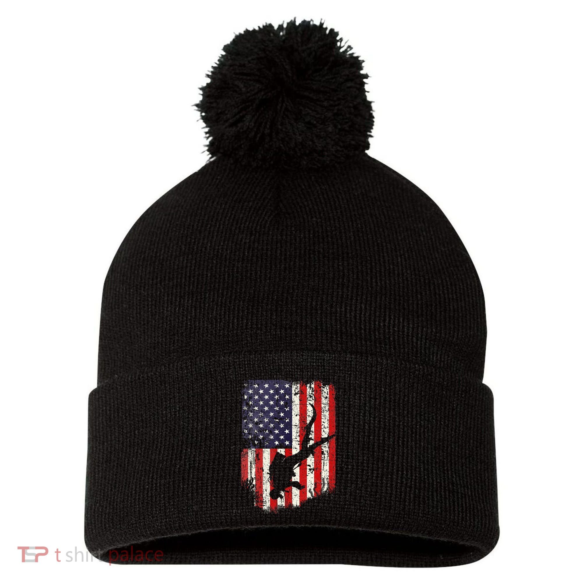 Scuba Diver Scuba Diving American Flag Pom Pom 12in Knit Beanie