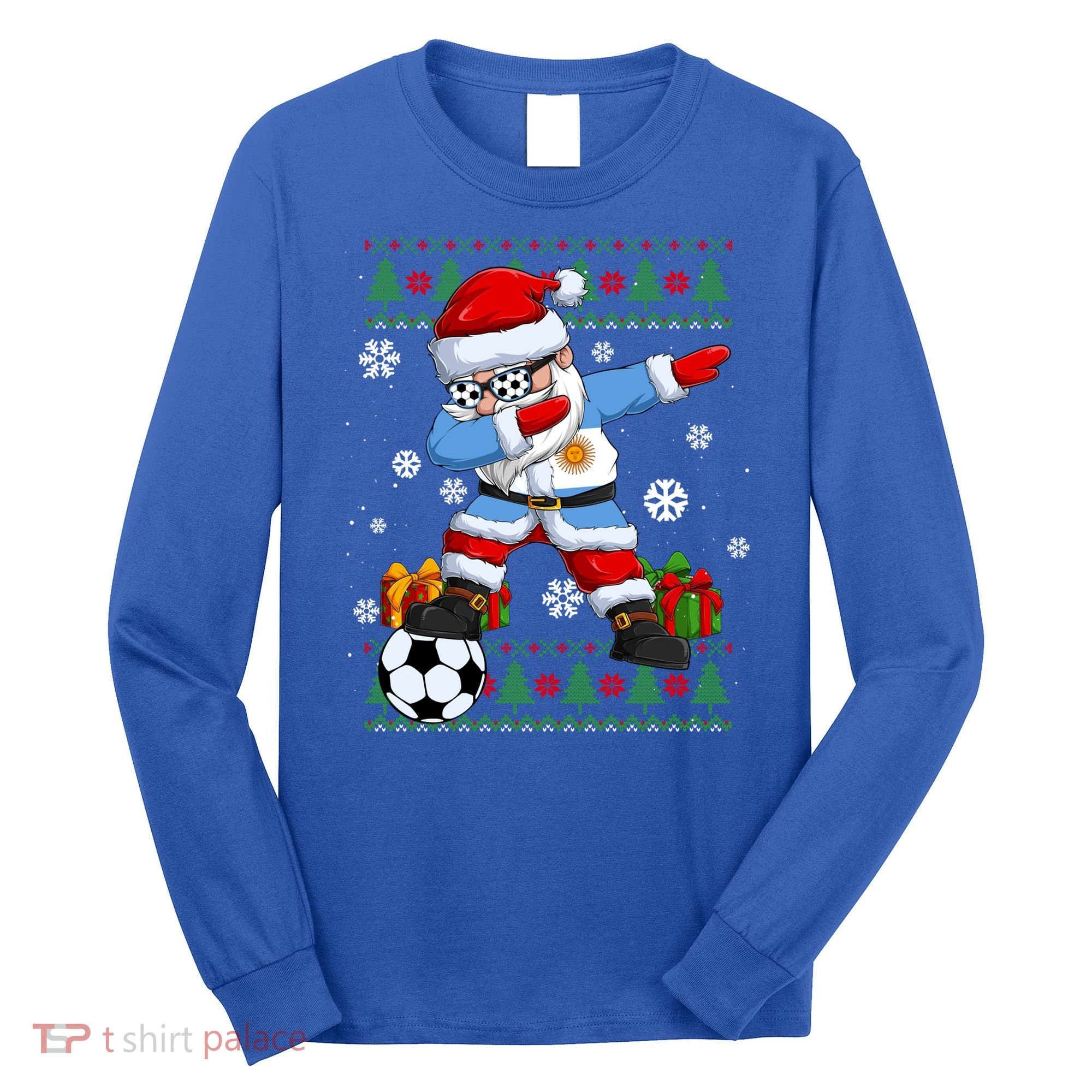 Soccer Dabbing Santa Argentina Flag Ugly Christmas Sweater Gift Long Sleeve Shirt