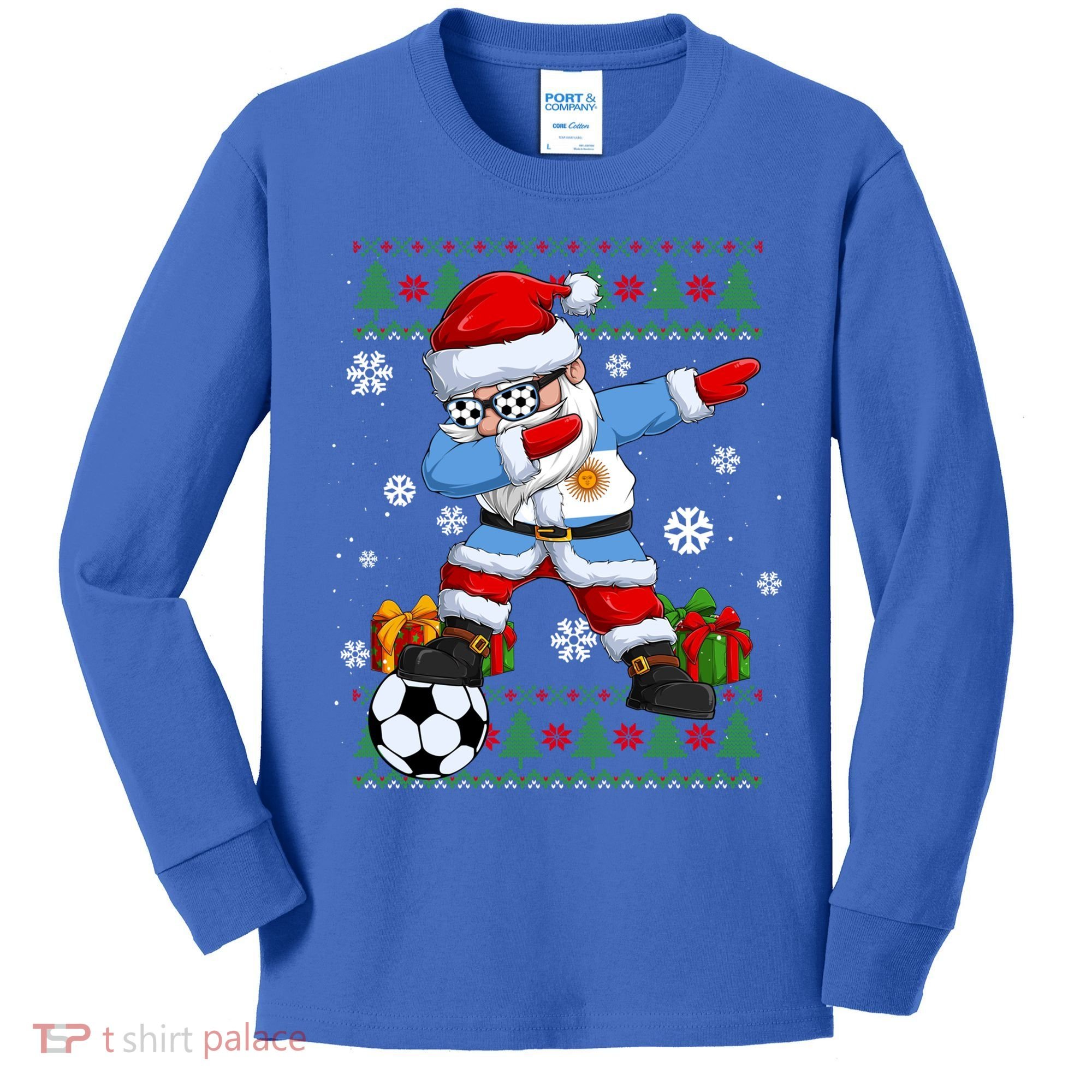Soccer Dabbing Santa Argentina Flag Ugly Christmas Sweater Gift Kids Long Sleeve Shirt