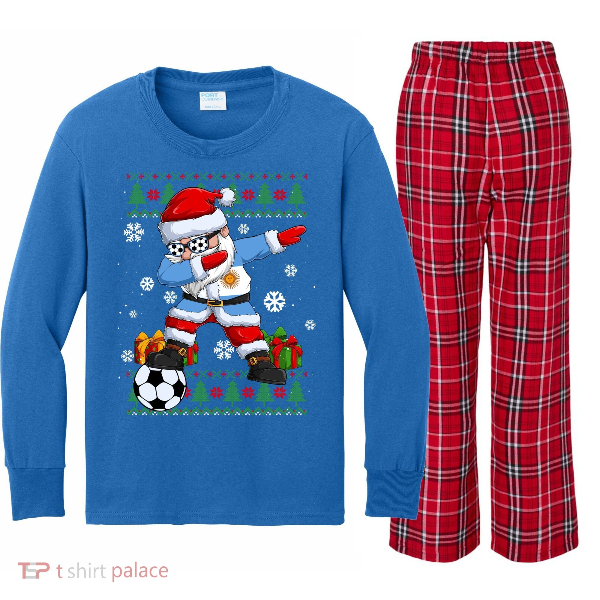 Soccer Dabbing Santa Argentina Flag Ugly Christmas Sweater Gift Kids Long Sleeve Plaid Pajama Set