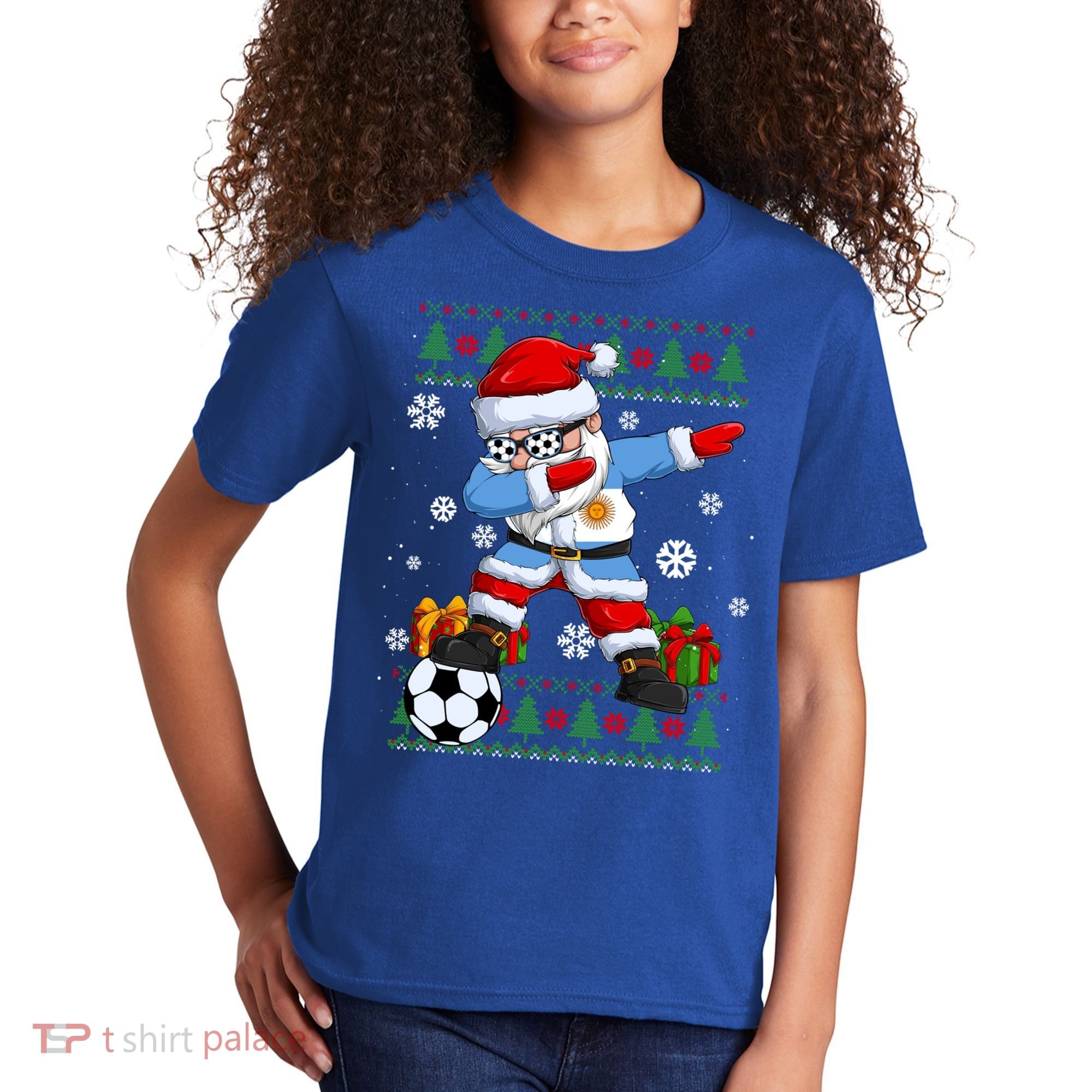 Soccer Dabbing Santa Argentina Flag Ugly Christmas Sweater Gift Kids T-Shirt