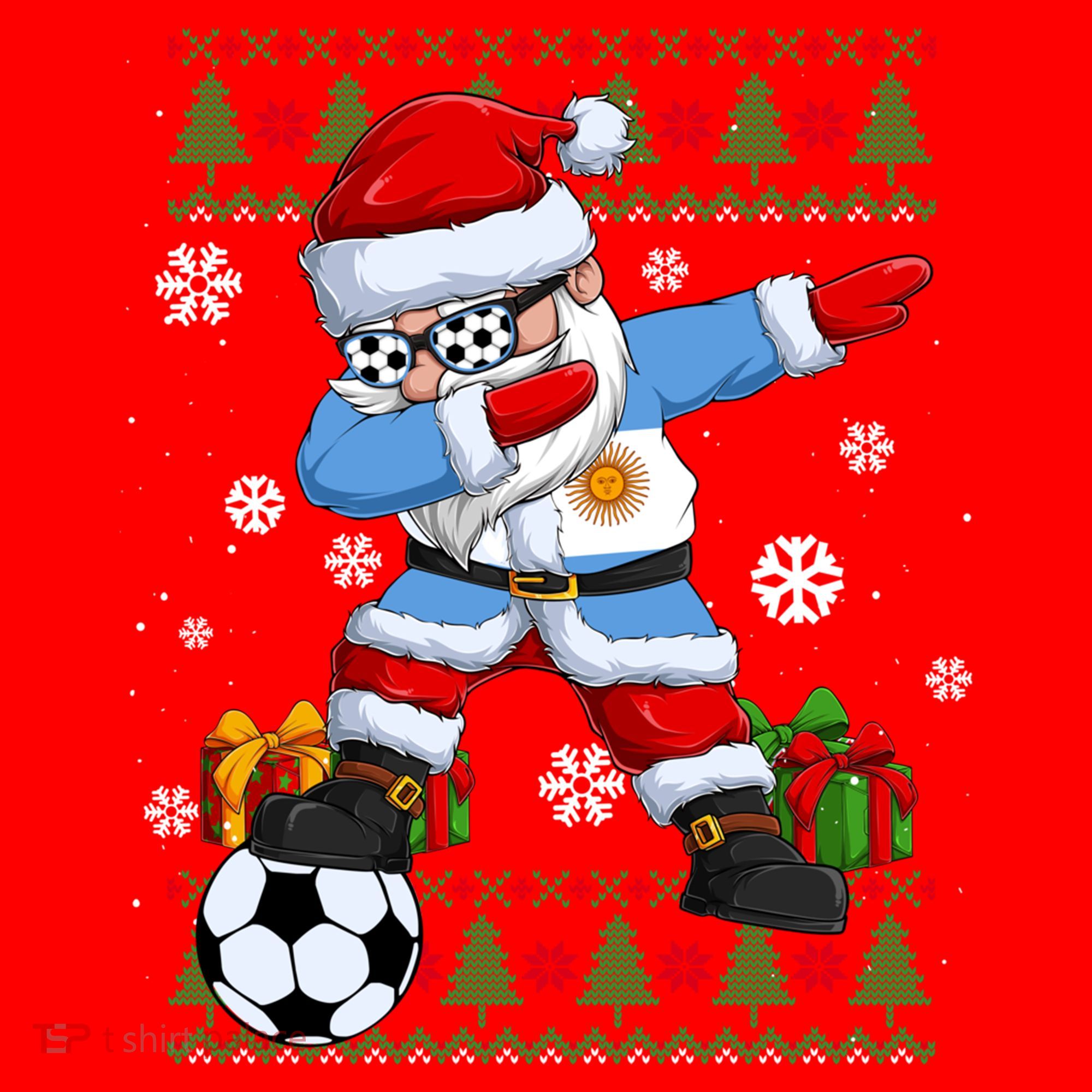 Soccer Dabbing Santa Argentina Flag Ugly Christmas Sweater Gift Santa Hat