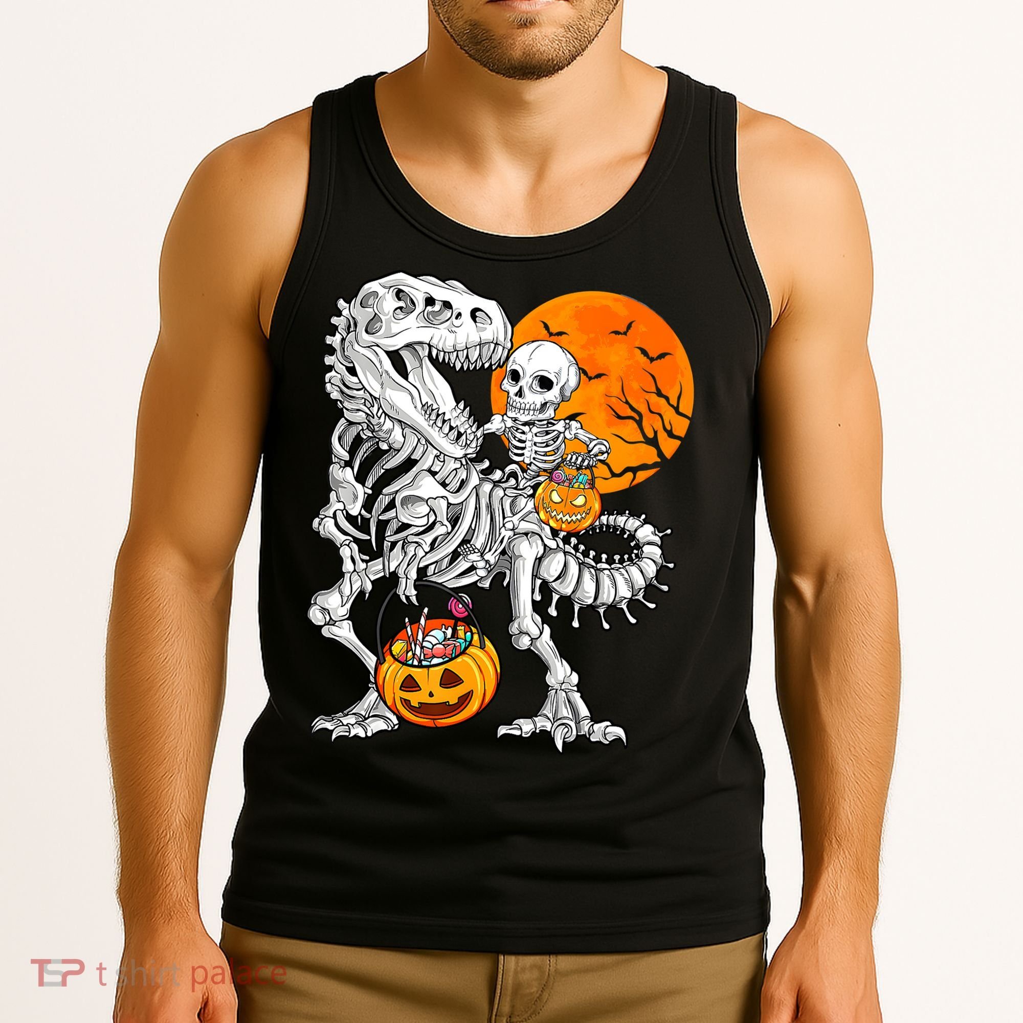 Skeleton Dinosaur T Rex Boys Halloween Mummy Funny Pumpkin Tank Top