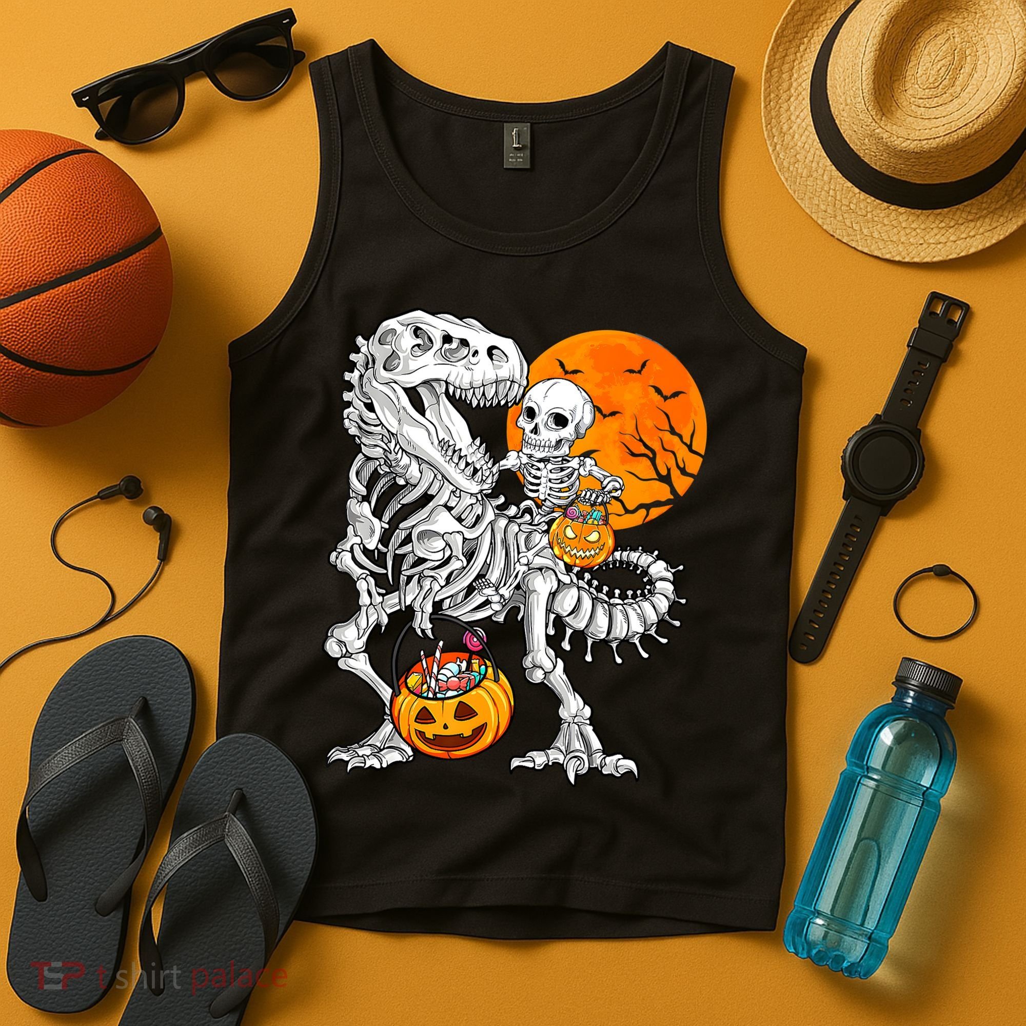 Skeleton Dinosaur T Rex Boys Halloween Mummy Funny Pumpkin Tank Top