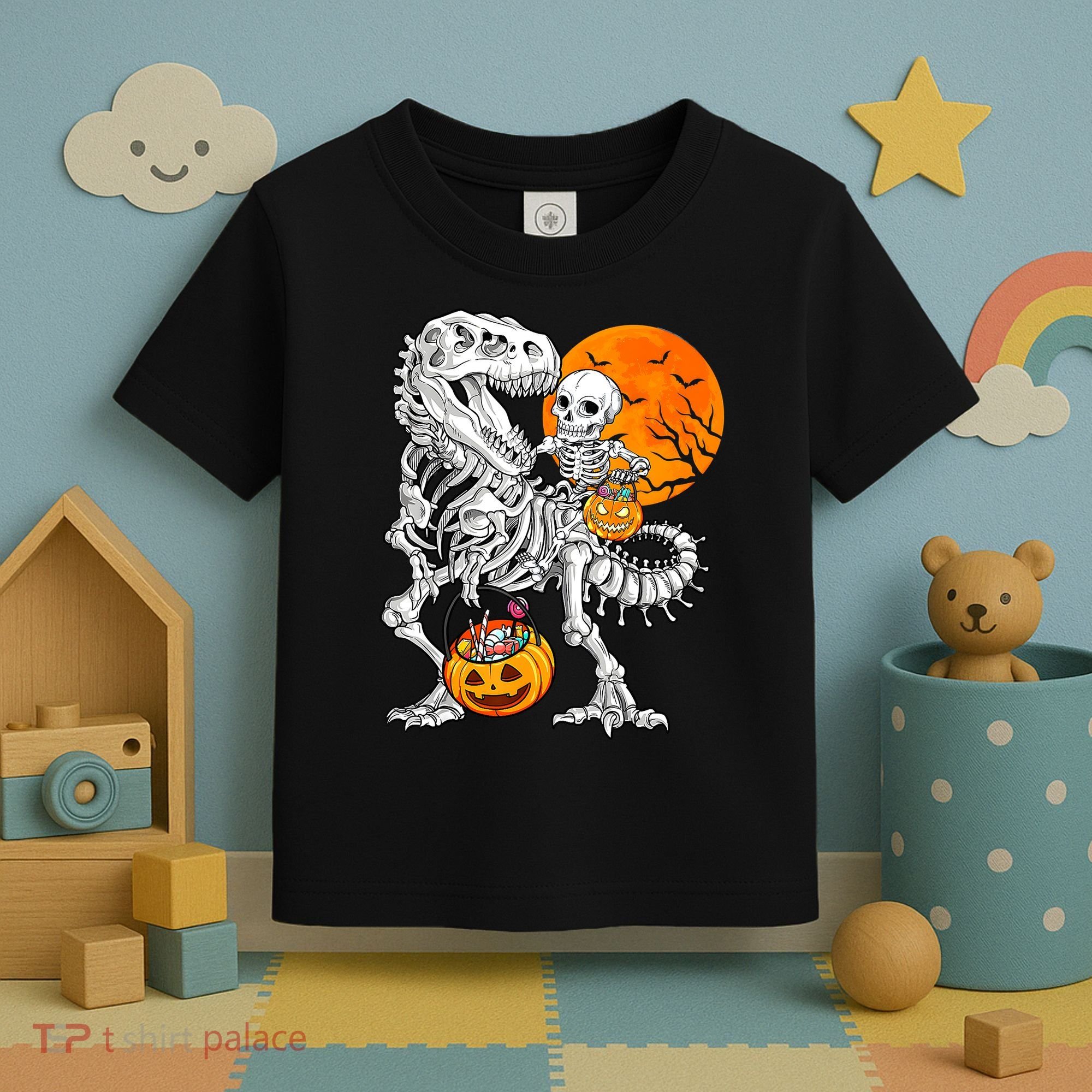 Skeleton Dinosaur T Rex Boys Halloween Mummy Funny Pumpkin Toddler T-Shirt
