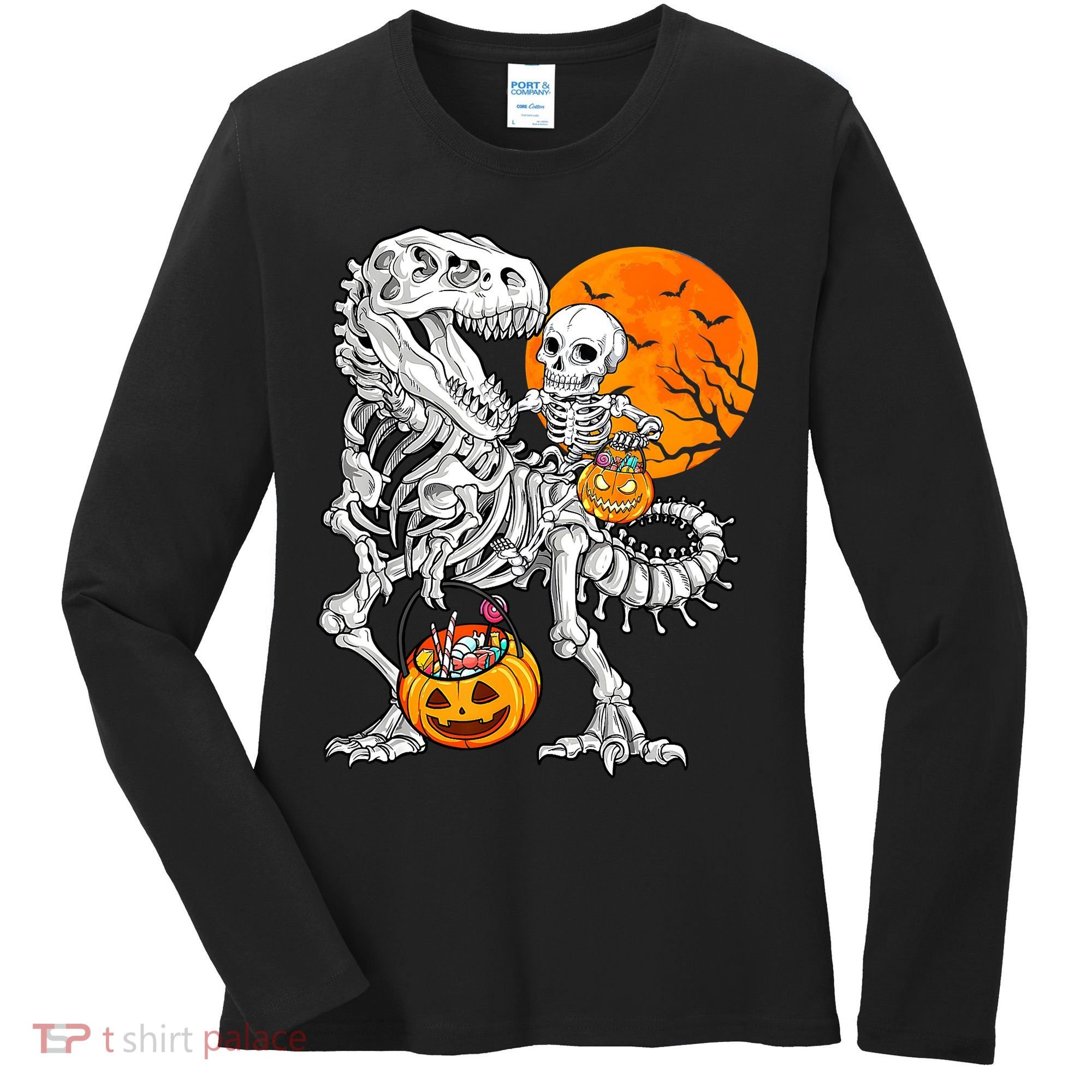 Skeleton Dinosaur T Rex Boys Halloween Mummy Funny Pumpkin Women's Long Sleeve Shirt