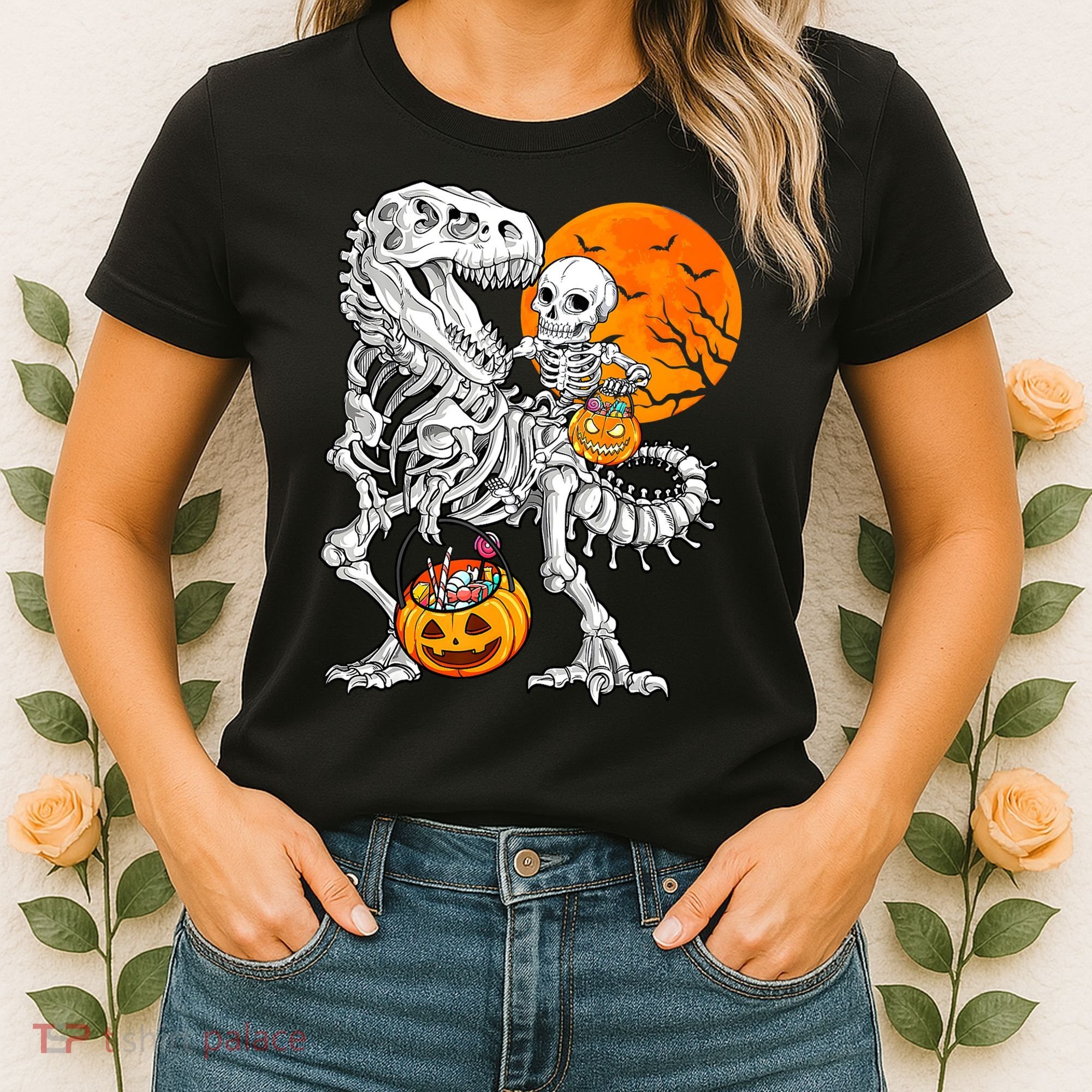 Skeleton Dinosaur T Rex Boys Halloween Mummy Funny Pumpkin Women's T-Shirt