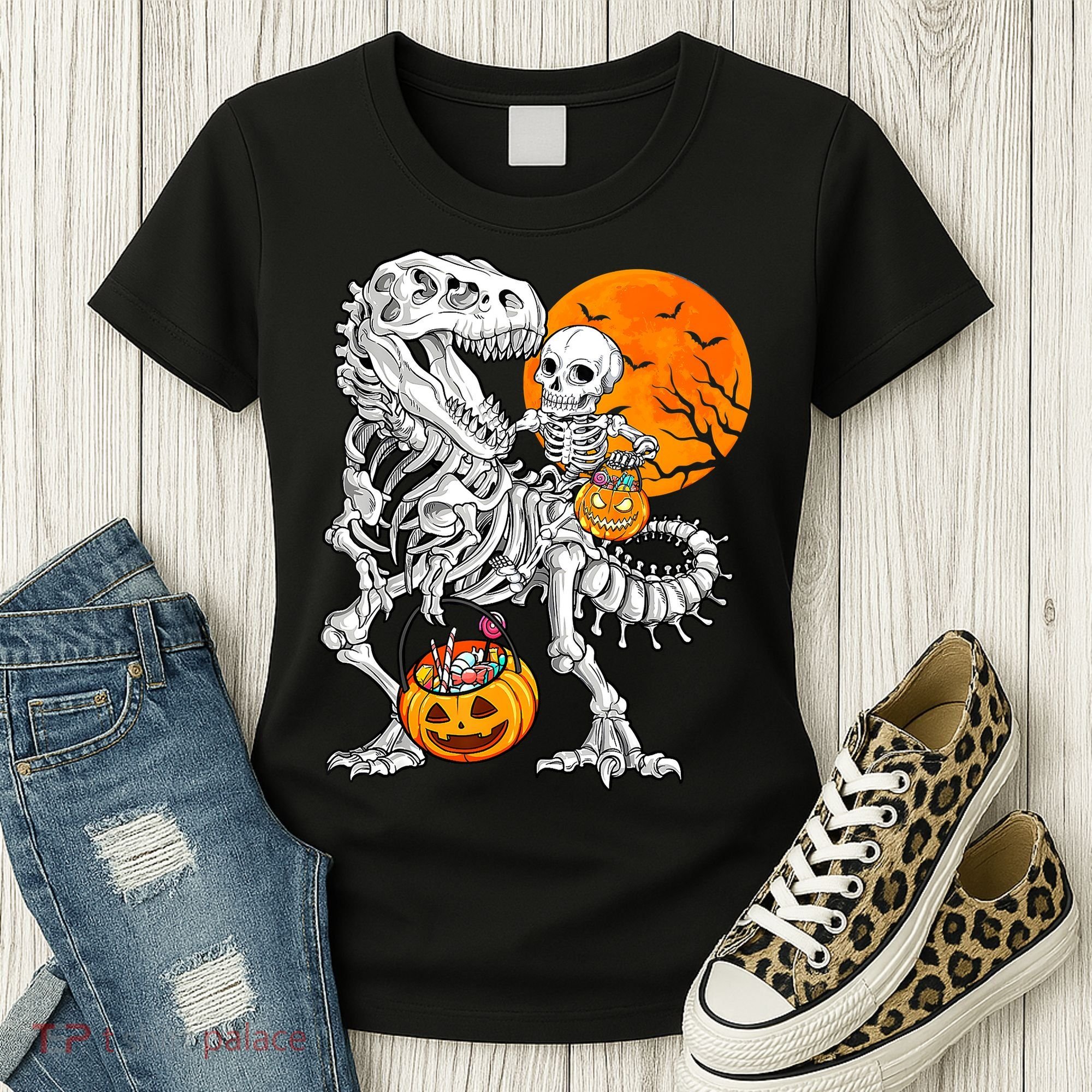 Skeleton Dinosaur T Rex Boys Halloween Mummy Funny Pumpkin Women's T-Shirt