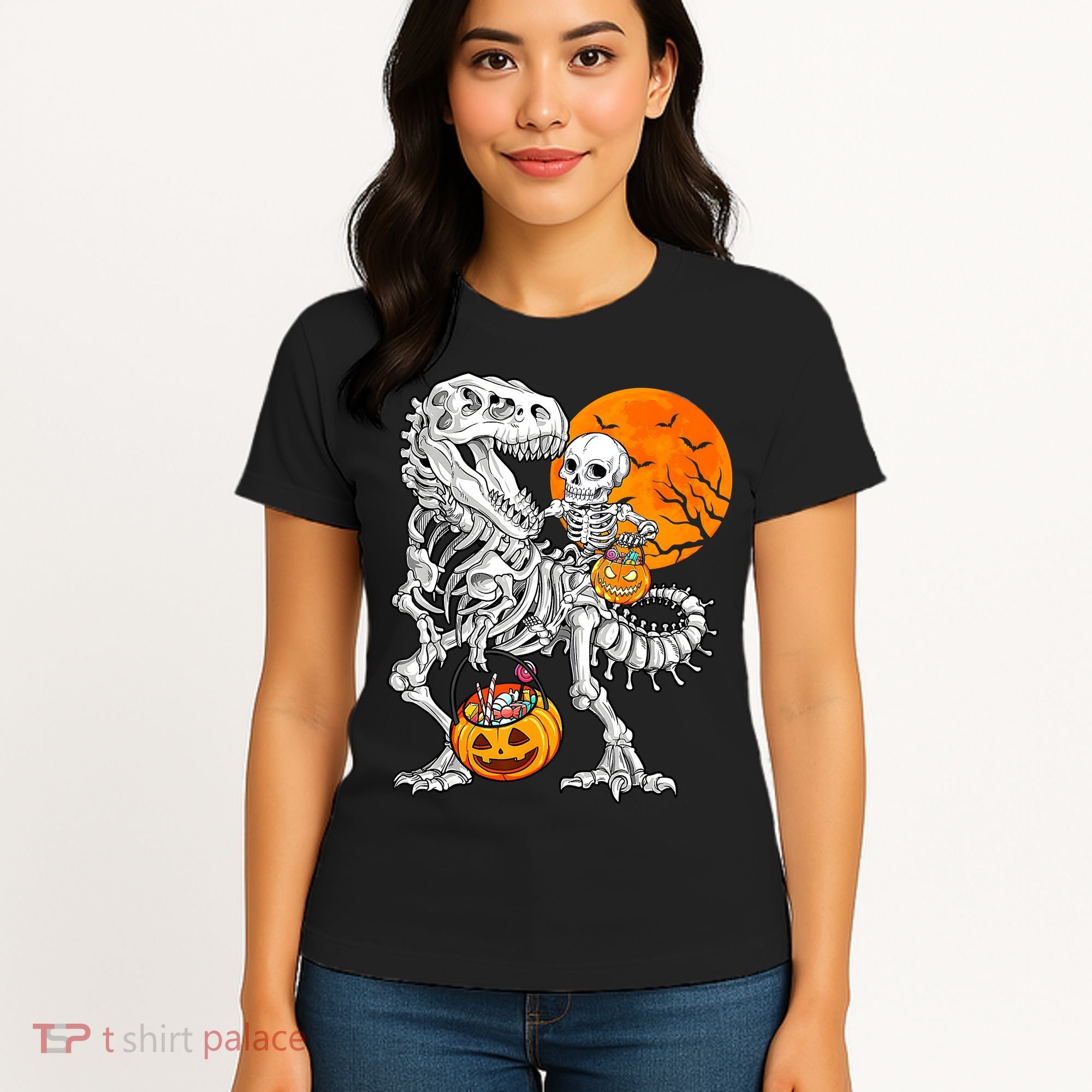 Skeleton Dinosaur T Rex Boys Halloween Mummy Funny Pumpkin Women's T-Shirt