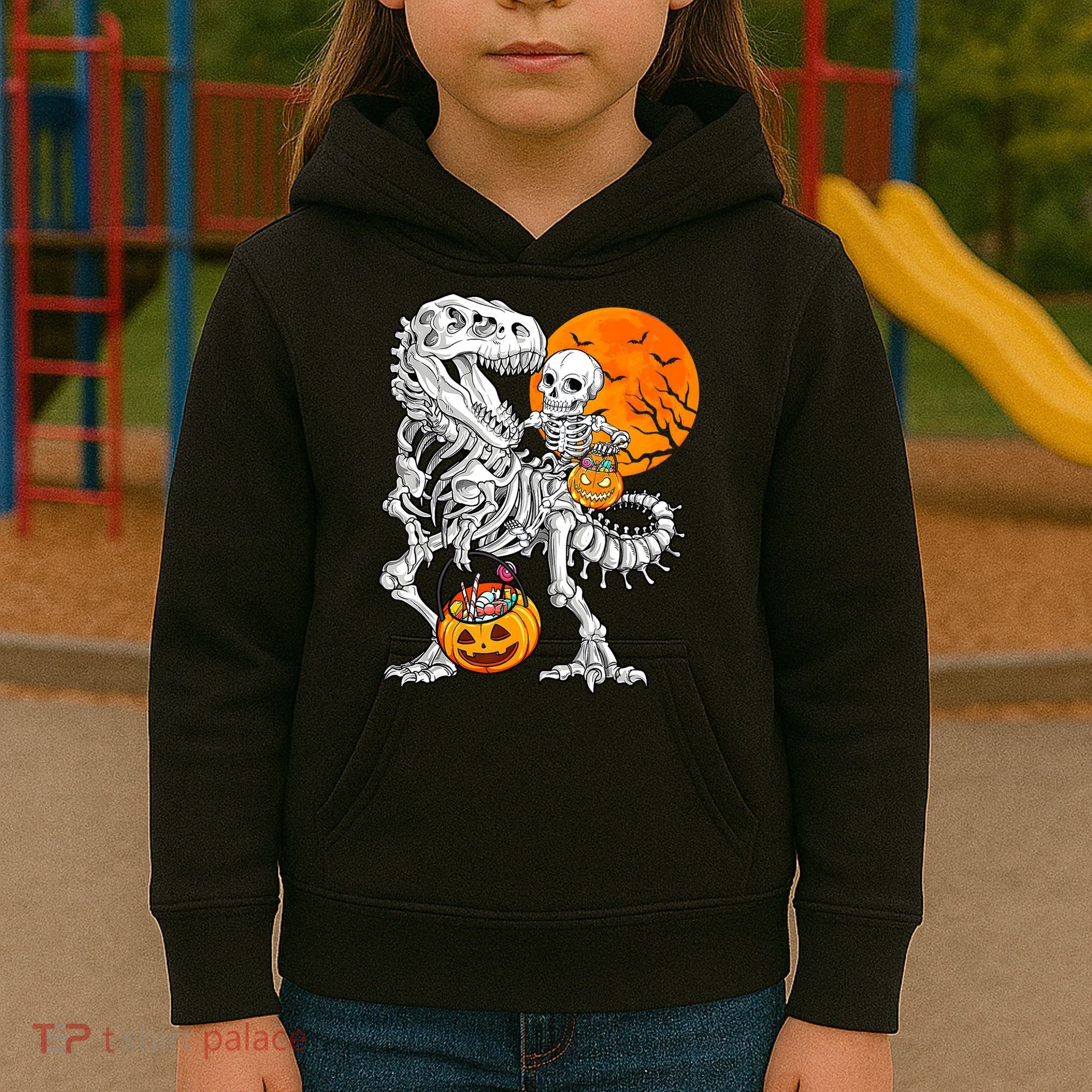 Skeleton Dinosaur T Rex Boys Halloween Mummy Funny Pumpkin Kids Hoodie