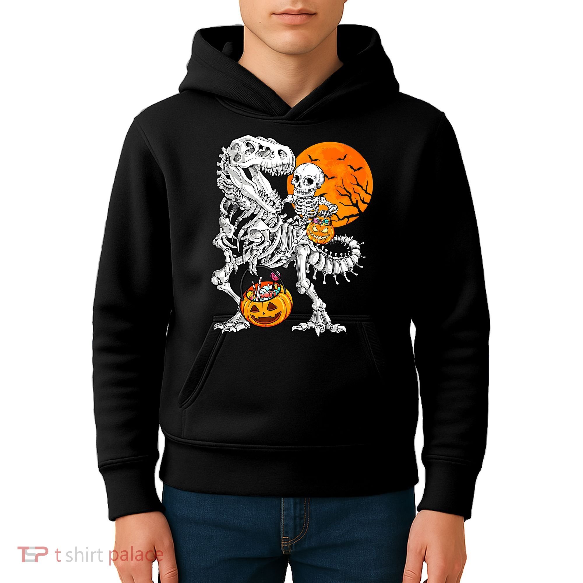 Skeleton Dinosaur T Rex Boys Halloween Mummy Funny Pumpkin Kids Hoodie
